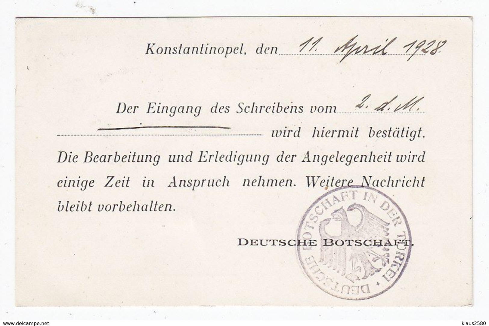 Türkei 1928 Karte Der Deutschen Botschaft Konstantinopel Nach Helmbrechts - Brieven En Documenten