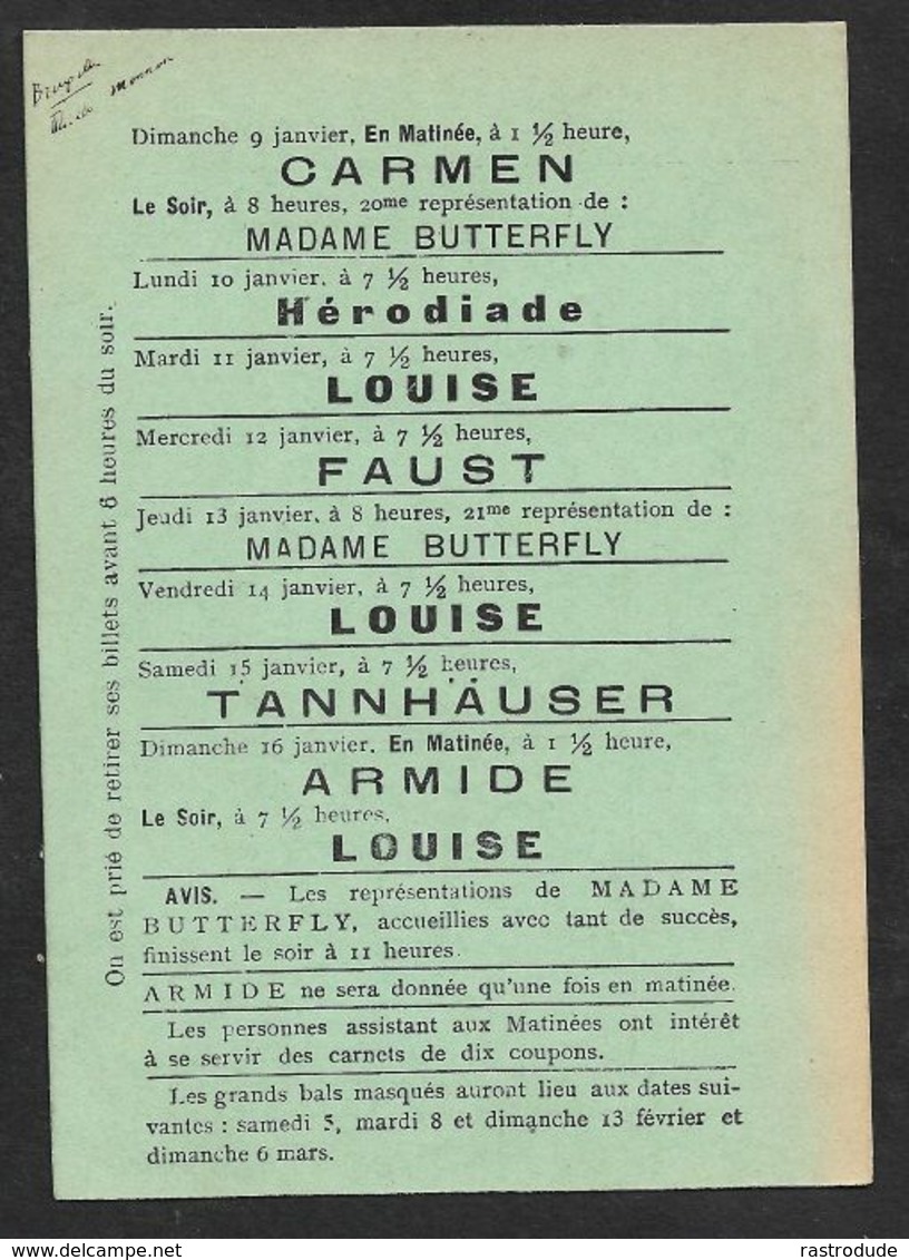 1910 BELGIQUE - PRÉOBLITÉRÉ CP A GAND  - IMPRIMÉ ILLUSTRÉ PUBLICITÉ  - THEATRE ROYAL DE LA MONNAIE - PIÈCE DE THÉÂTRE - Roulettes 1910-19