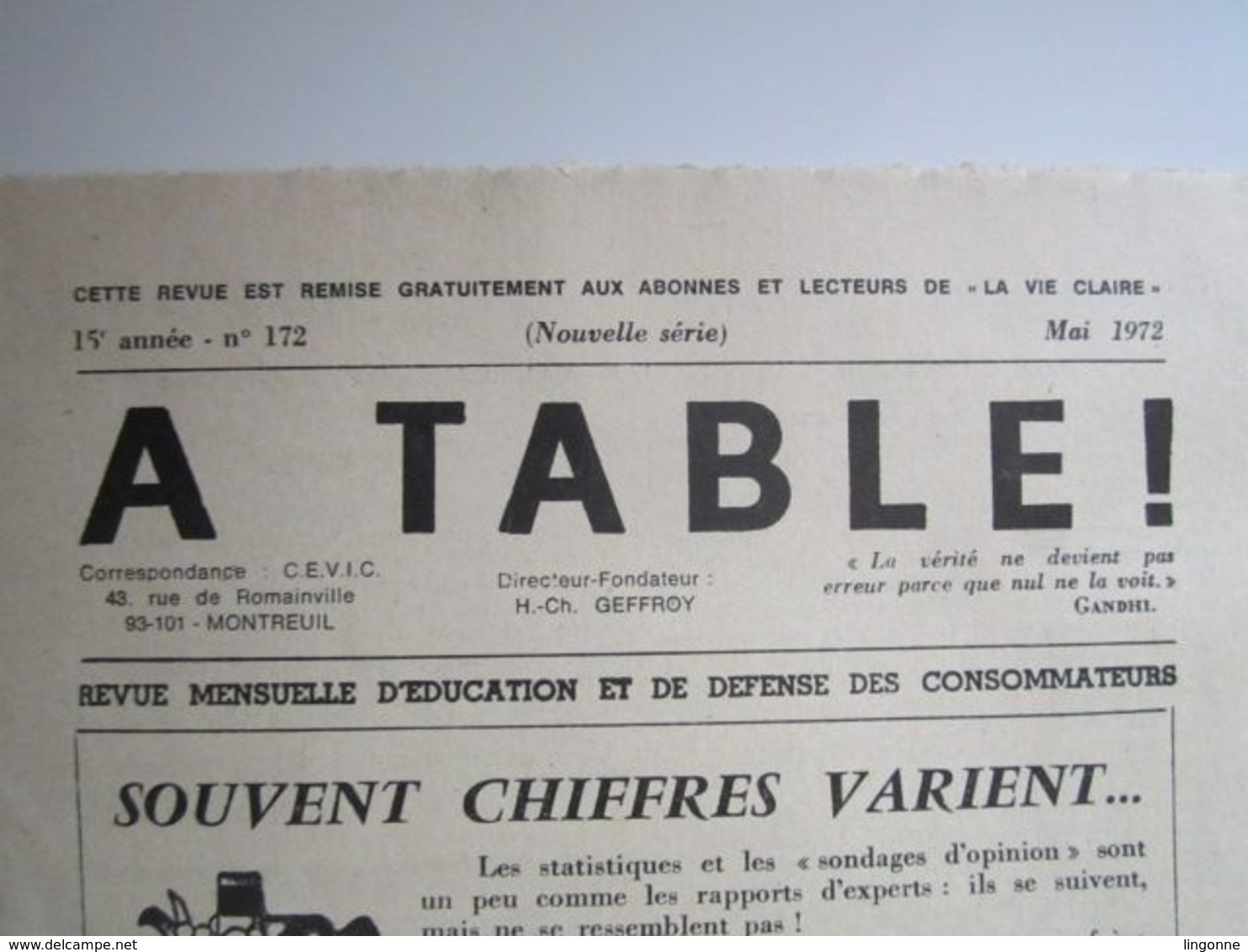 1972 RARE REVUE "LA VIE CLAIRE" "A TABLE" Revue Mensuelle D'éducation Et De Défense Des Consommateurs. - Culinaria & Vinos