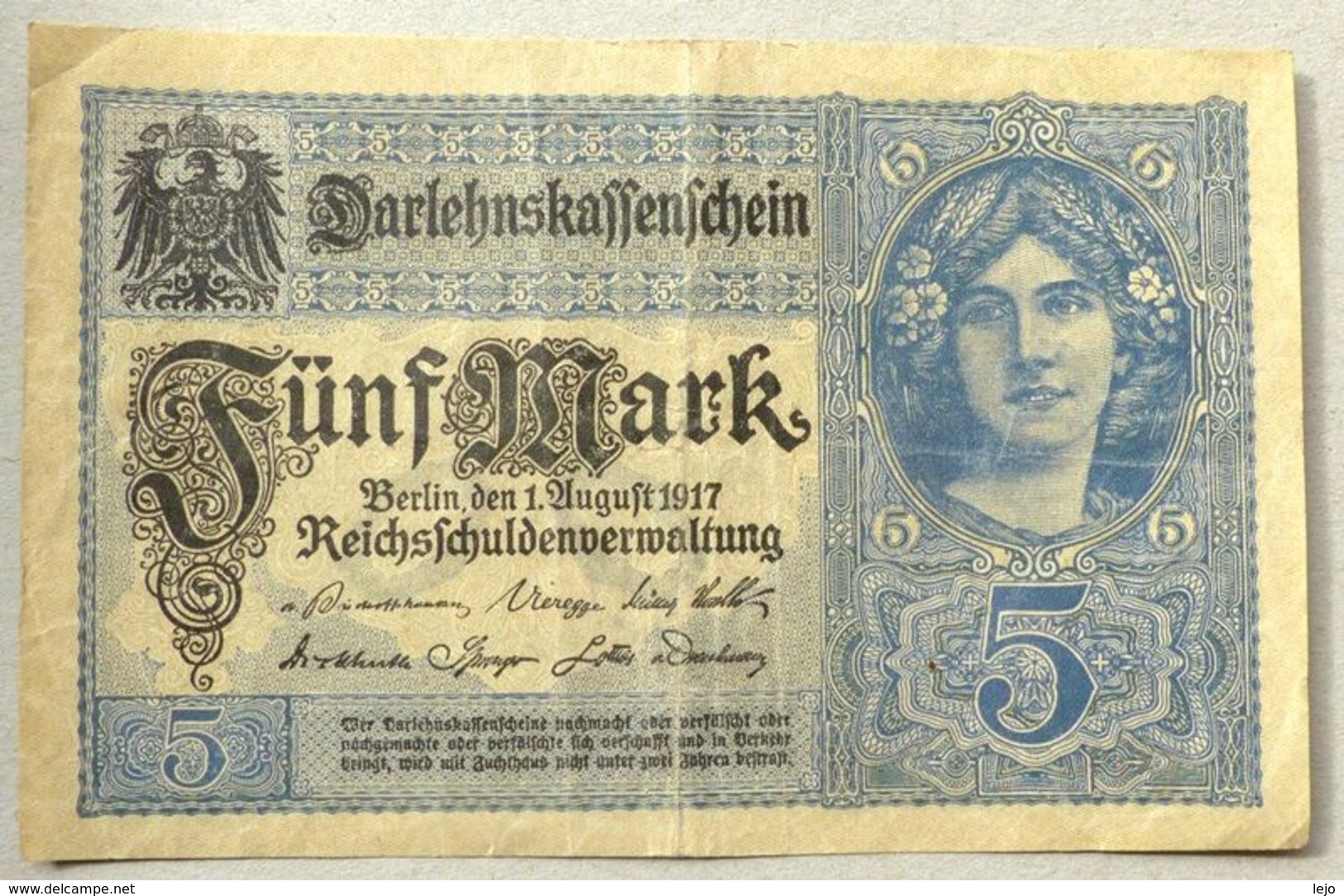 Darlehnkassenschein 5 Mark 01-08-1917 - [13] Bundeskassenschein