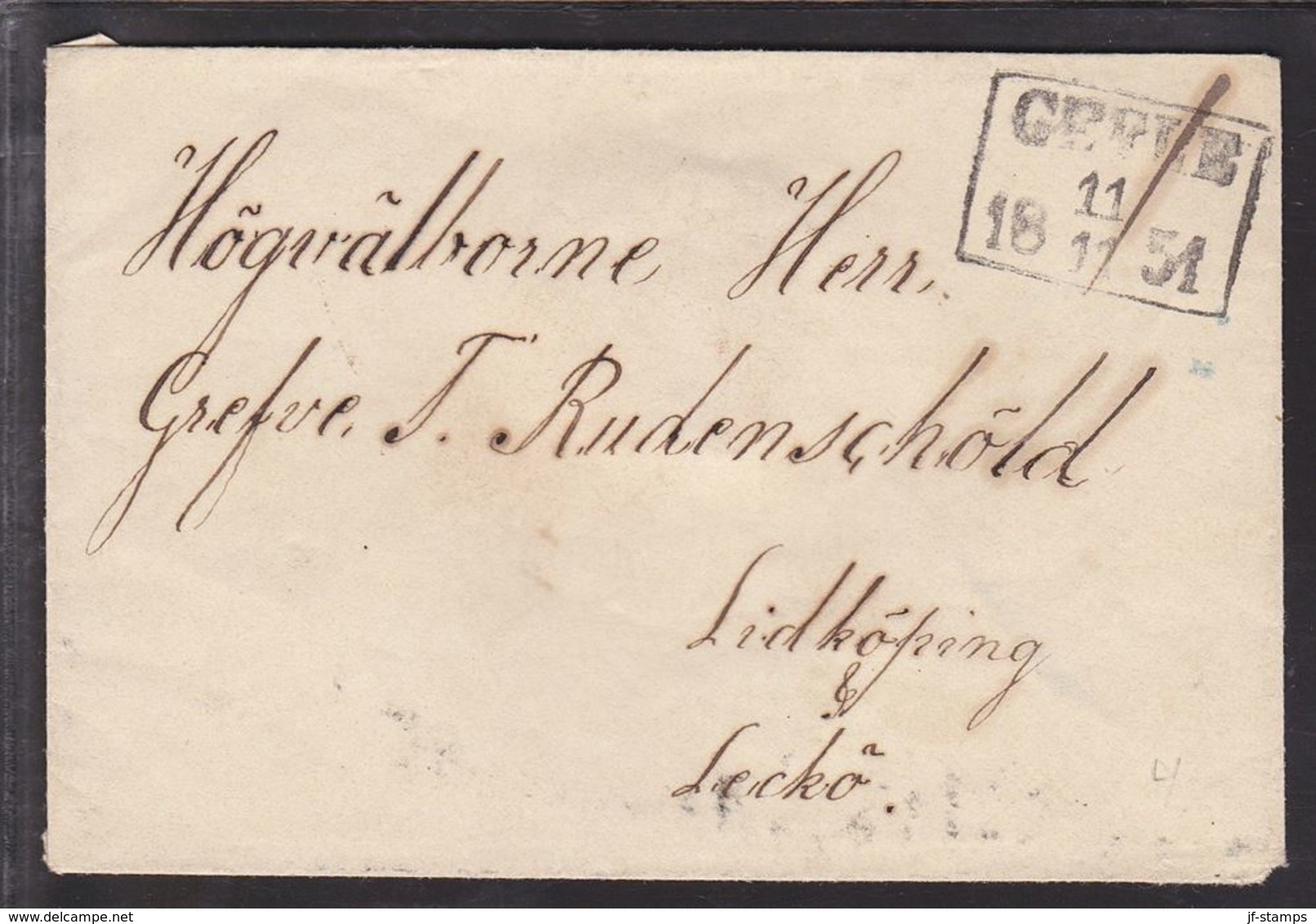 1851. SVERIGE. GEFLE 11 11 1851. To Grefve Rudenschöld, Leckö, Lidköping.. () - JF109714 - ... - 1855 Vorphilatelie
