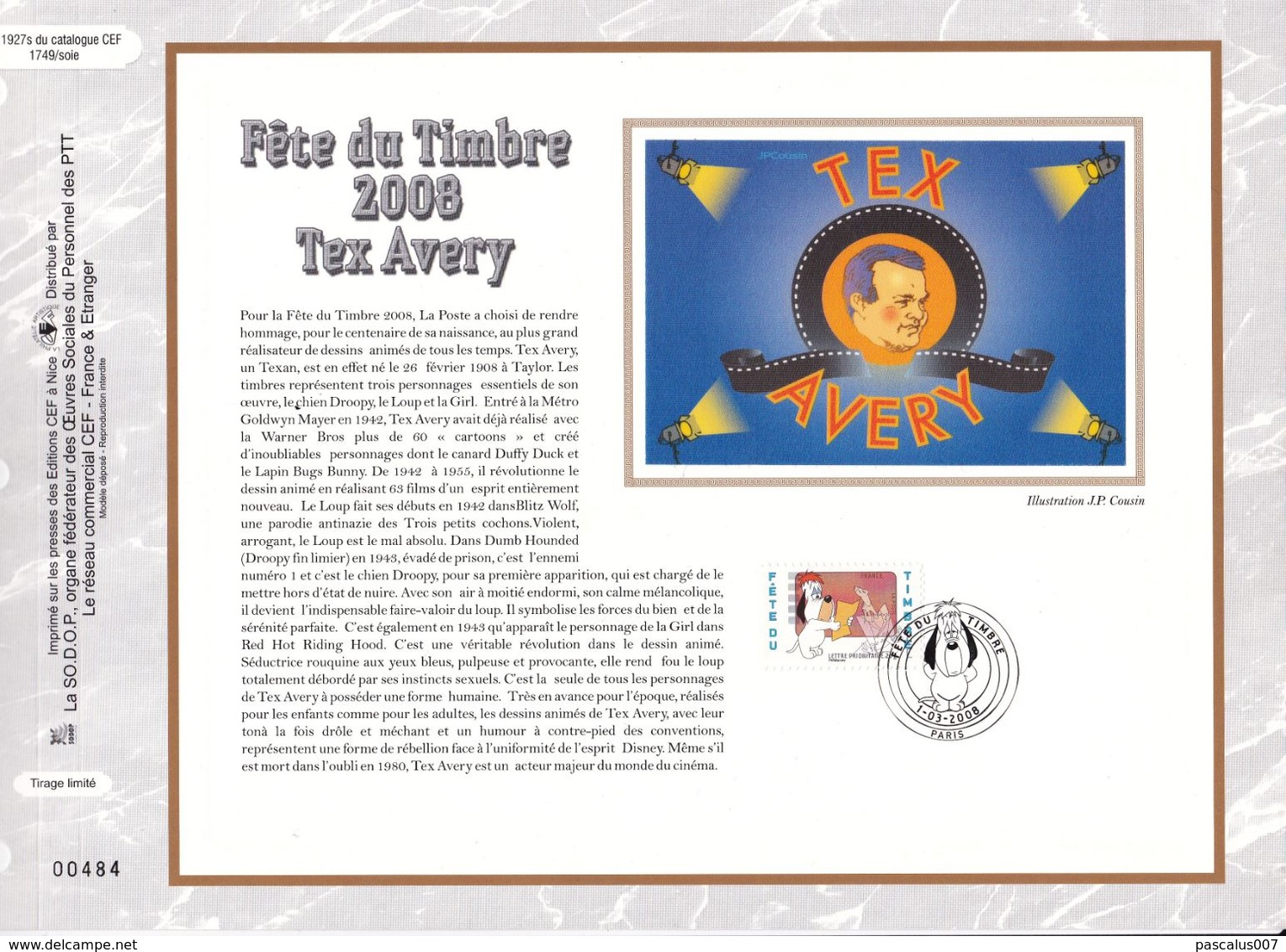 16,1927S France CEF PTT Soie 1927S 1749 4146    BD   Rare Droopy Tex Avery Fête Du Timbre CS - Carte Souvenir FDC Feuill - Collectors