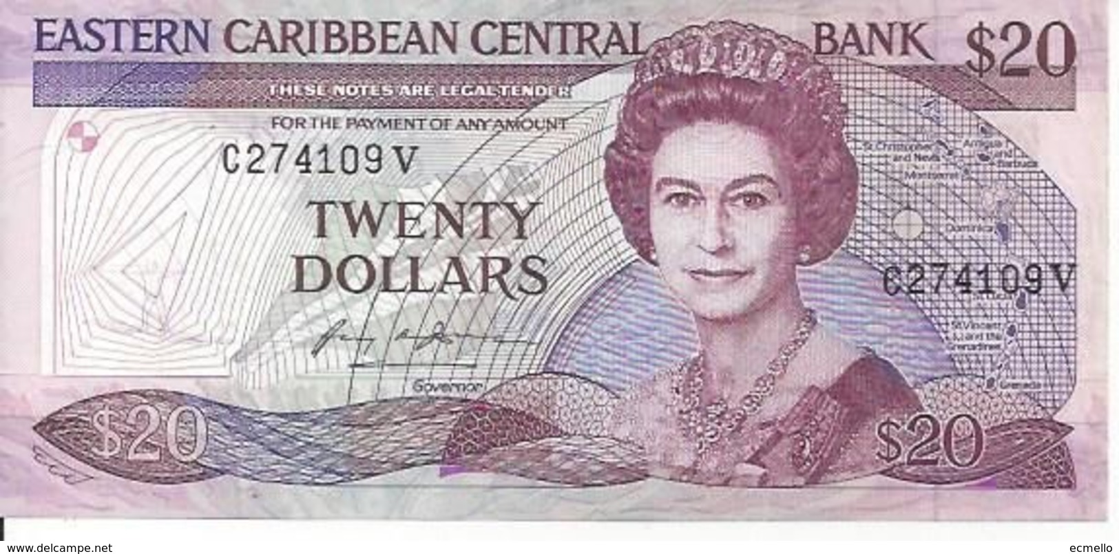 EAST CARIBBEAN ST. KITTS P19V 20 DOLLARS 1987 VF QUEEN - Caraïbes Orientales