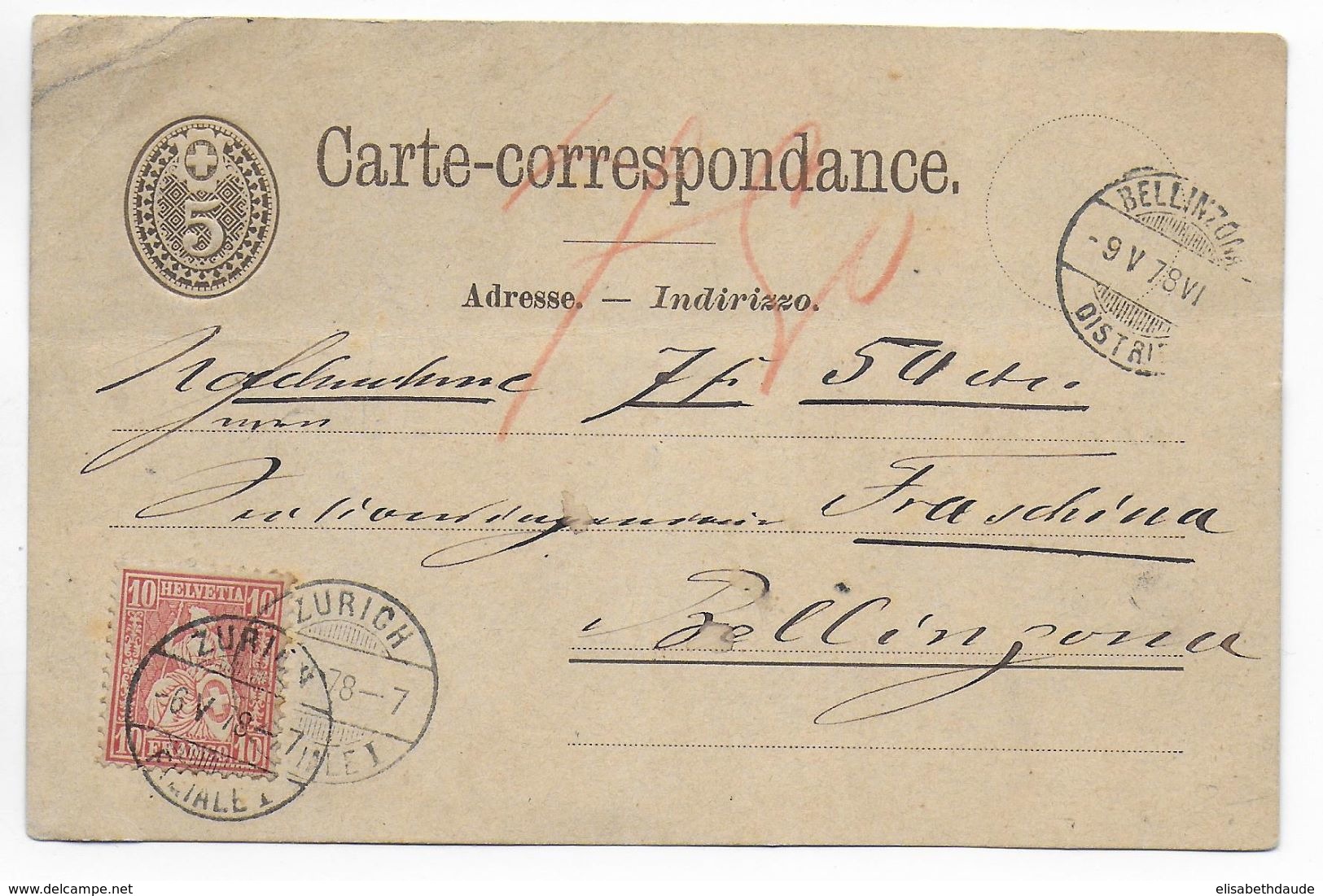 1878 - SUISSE - CARTE ENTIER De ZÜRICH Avec COMPLEMENT Pour CONTRE-REMBOURSEMENT TAXE 7F50 => BELLINZONA - Briefe U. Dokumente
