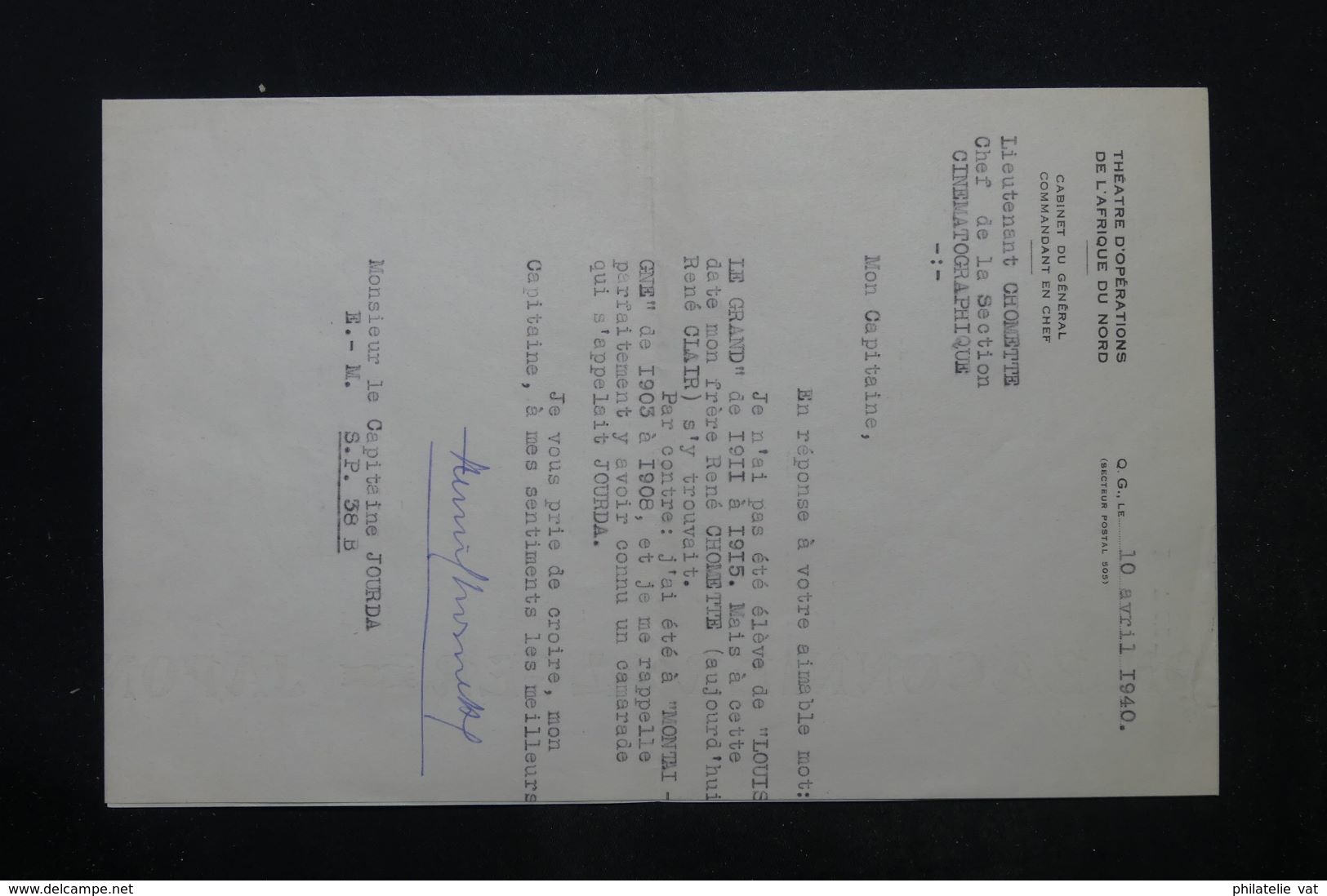 FRANCE - Env Avec Lettre "Théatre D'opérations De L'Afrique Du Nord" Section Cinématographique - 1940 - Rare - P 22816 - Cachets Militaires A Partir De 1900 (hors Guerres)