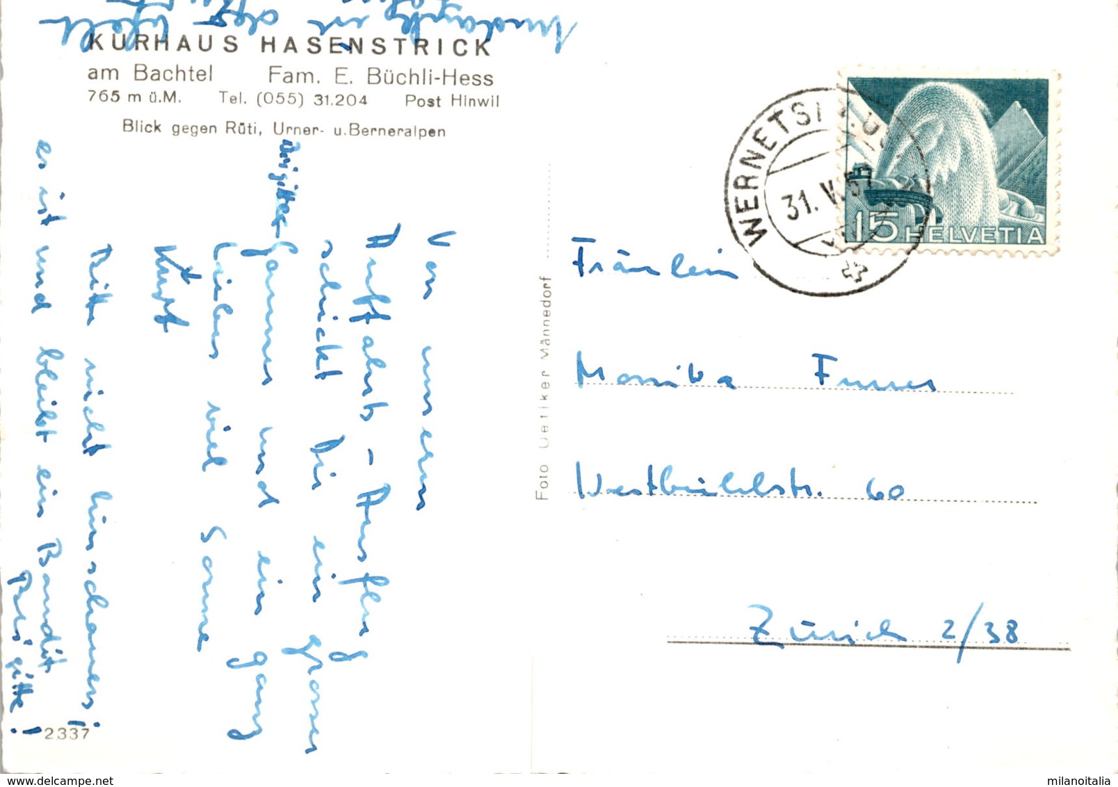 Kurhaus Hasenstrick Am Bachtel - Post Hinwil - Blick Gegen Rüti, Urner- U. Berneralpen (2337) * 31. 5. 1957 - Hinwil