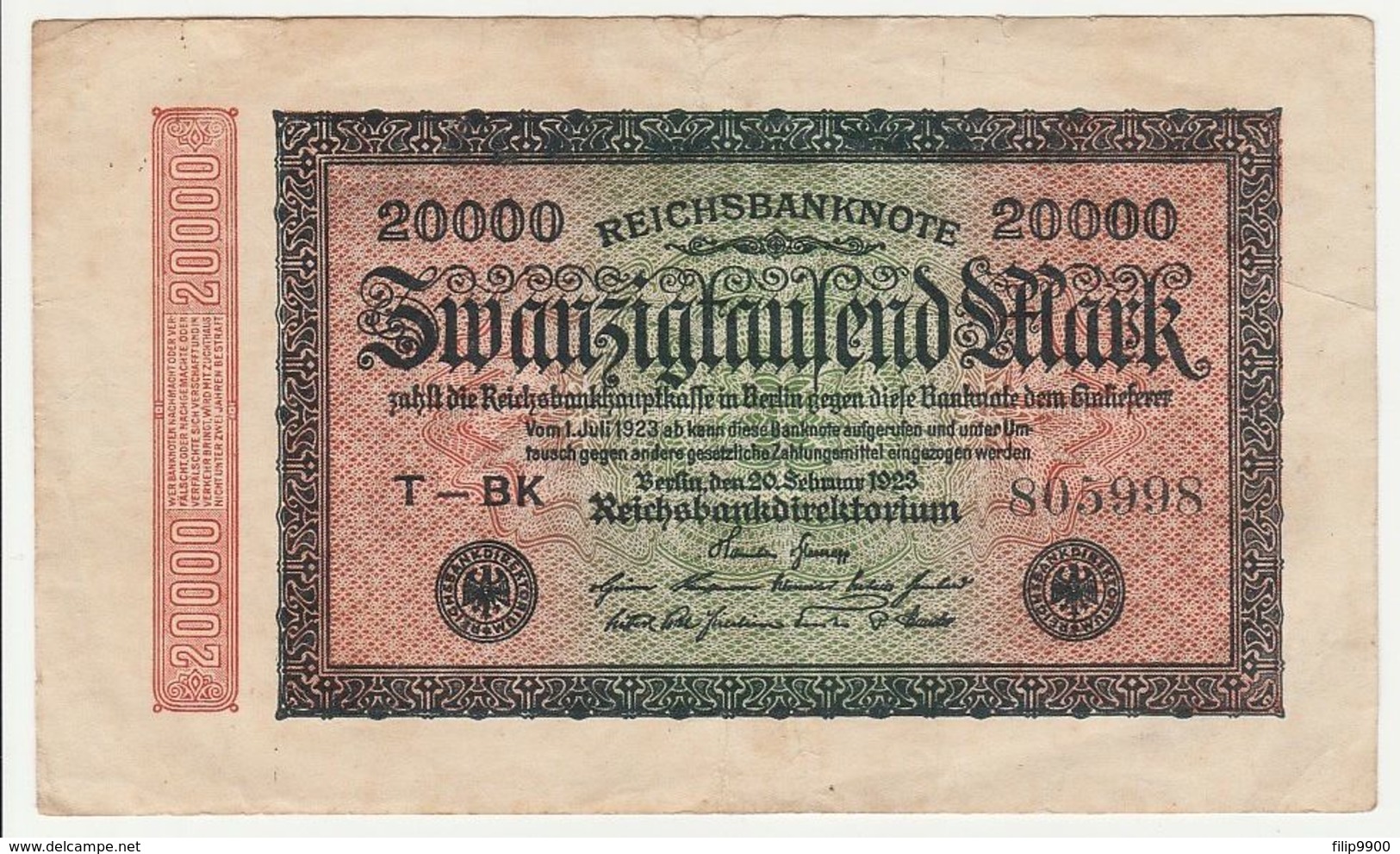 Reichsbanknote 20000 Mark ZwanzigTausend 1923 Deutschland - 20000 Mark