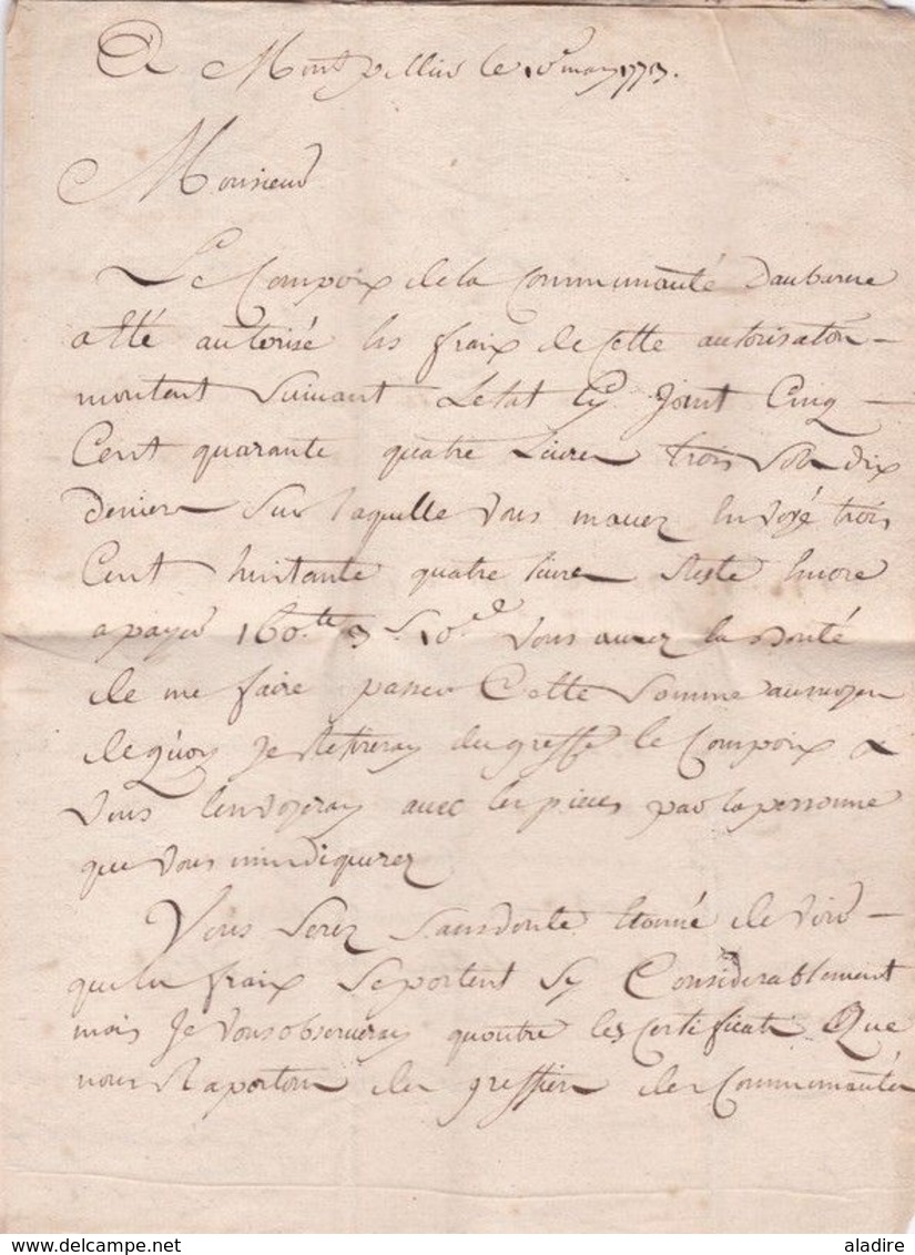 1773 - Marque Postale MONPELLIER, Montpellier, Hérault (31 X 4 Mm) Sur LAC Pliée De 2 Pages Vers Nîmes, Gard - 1701-1800: Vorläufer XVIII