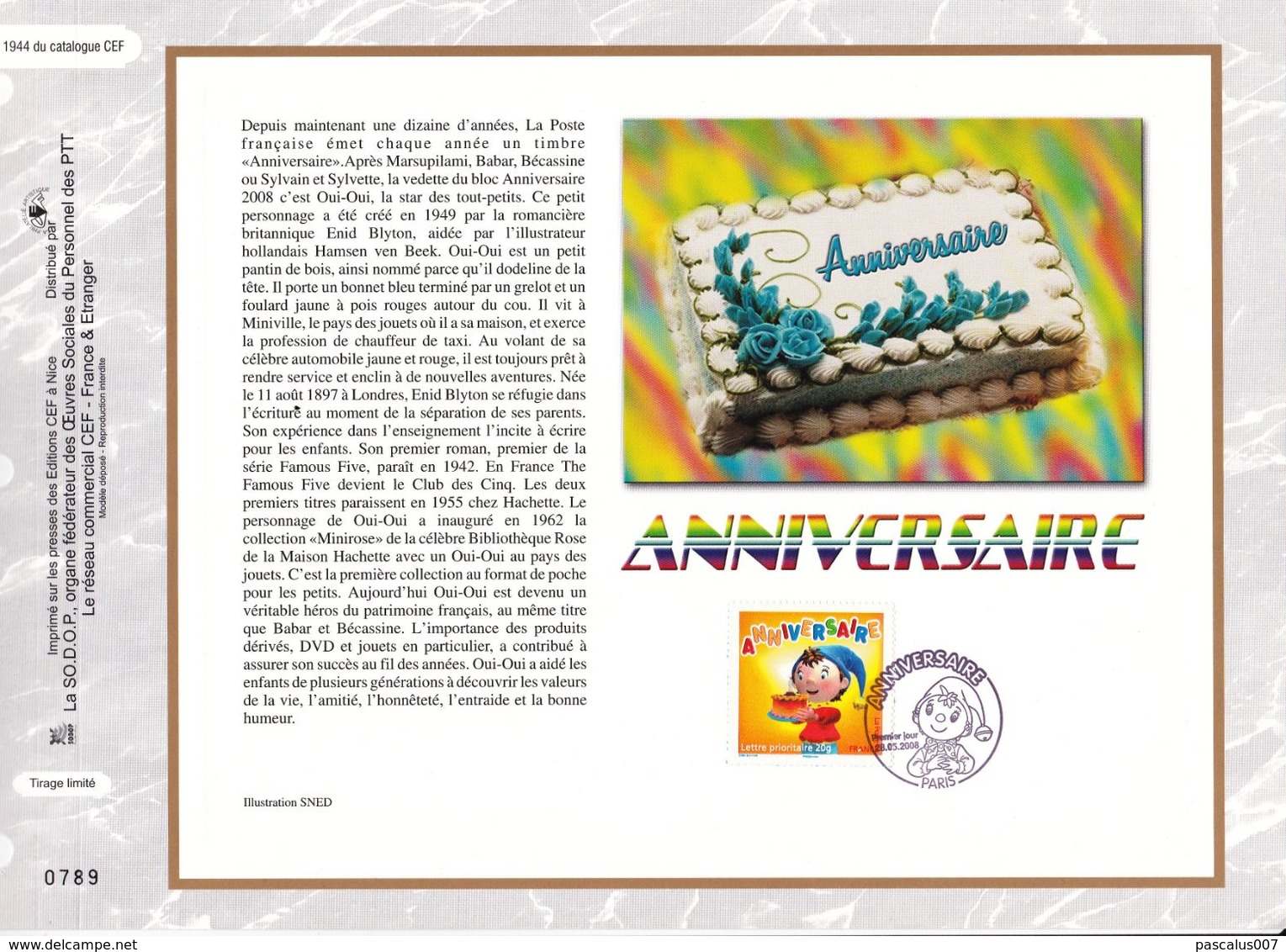 16,1944 France CEF PTT Soie 1944  4183    BD   Oui Oui Gâteau Anniversaire CS - Carte Souvenir FDC Feuillet Spécial 2008 - Collectors