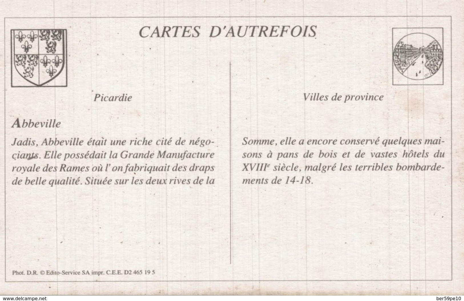 CARTE D'AUTREFOIS VILLES DE PROVINCE  PICARDIE  ABBEVILLE - Picardie