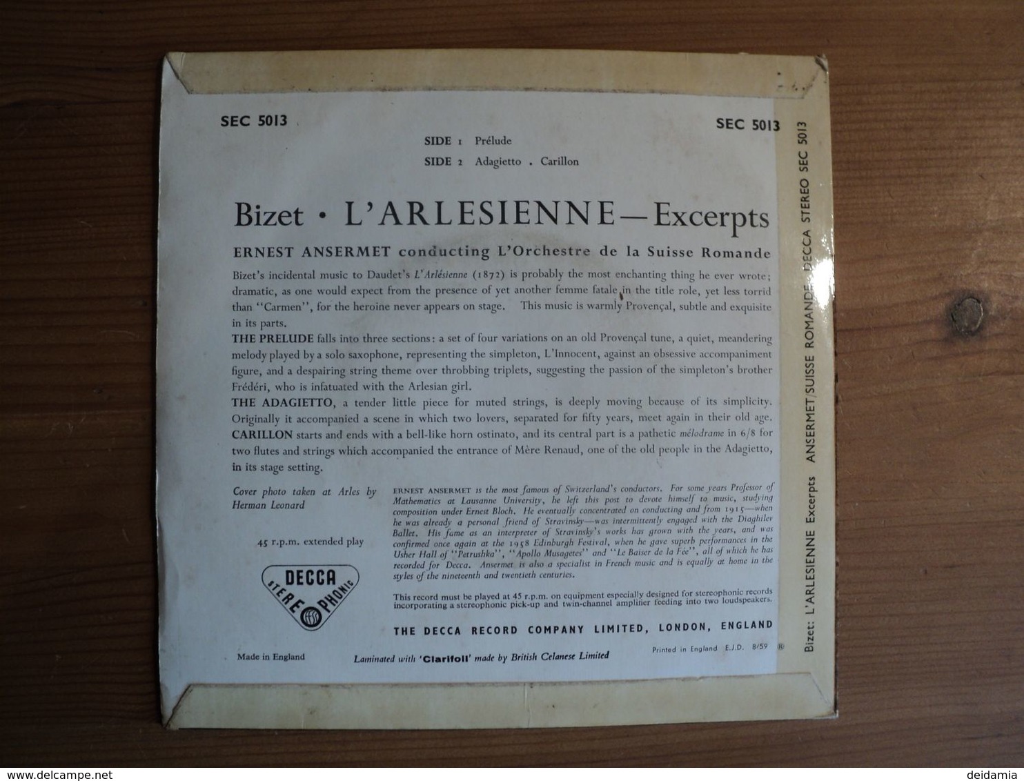 45 TOURS BIZET. DECCA SEC 5013. L ARLESIENNE. 1958? ERNEST ANSERMET PRELUDE / ADAGIETTO ET CARILLON. SUISSE ROMANDE ORC - Classical