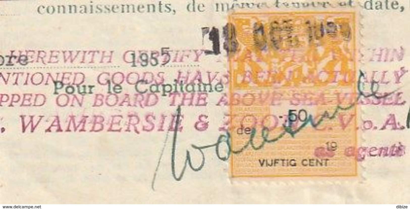 Hollande. Pays Bas. Fragment De Document Avec Vignette De Connaissements. 50 Centimes. 1955. - Fiscales