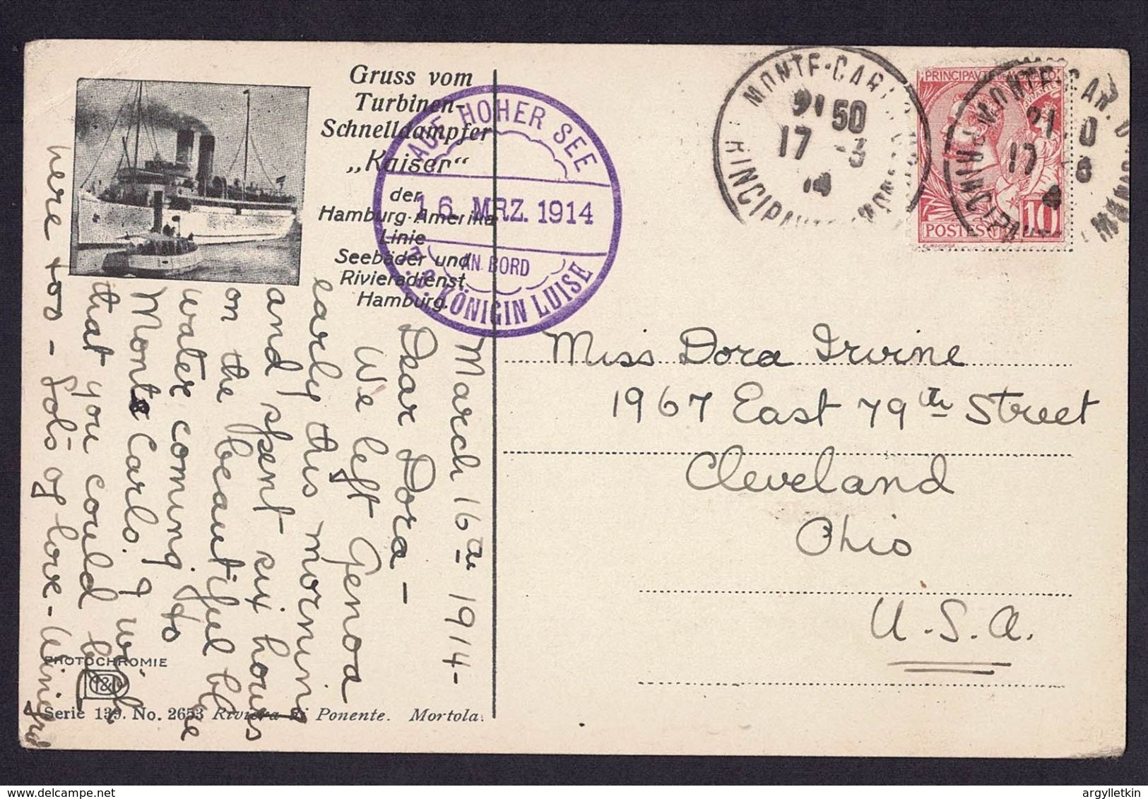 MONACO - GERMAN SHIP MAIL 1914 POSTCARD - Lettres & Documents