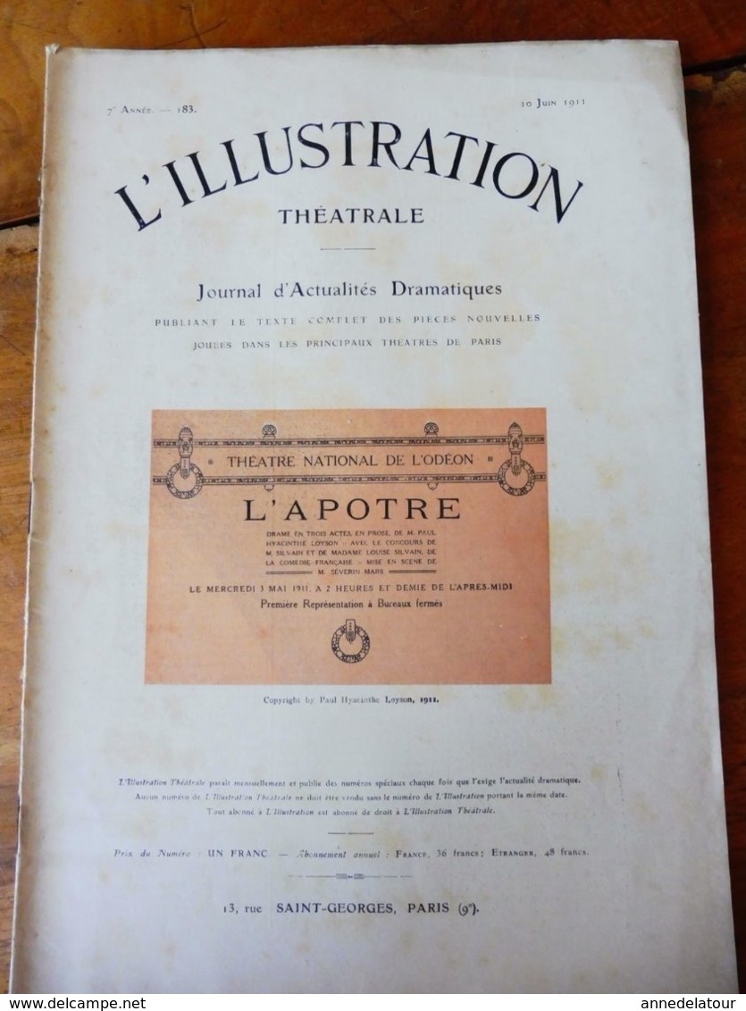 L'APOTRE,  Par Paul Hyacinthe Loyson, Dont Photo  (origine : L'ILLUSTRATION  THÉÂTRALE 1911 )  Dos Illustré Pub MICHELIN - Auteurs Français