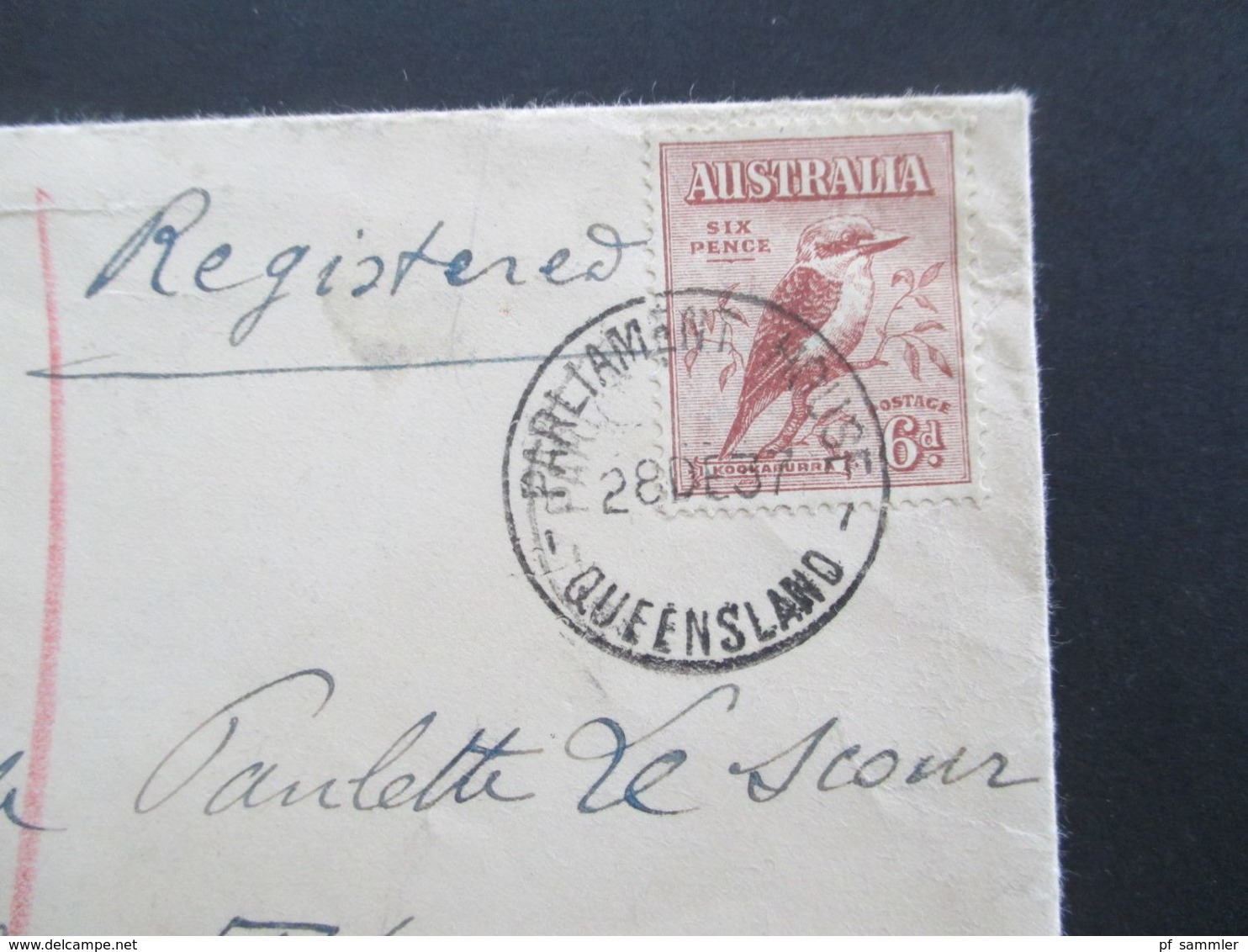 Australien 1937 Einschreiben Parliament House Brisbane Queensland Registered Nach Frankreich Tückseitig 4 Stempel - Brieven En Documenten