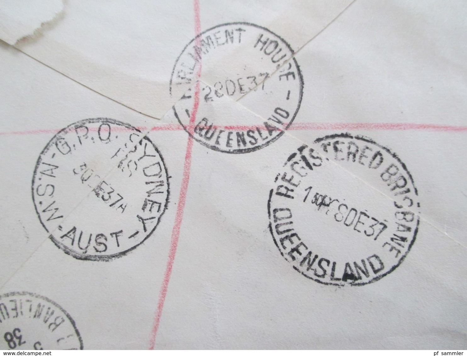 Australien 1937 Einschreiben Parliament House Brisbane Queensland Registered Nach Frankreich Tückseitig 4 Stempel - Brieven En Documenten