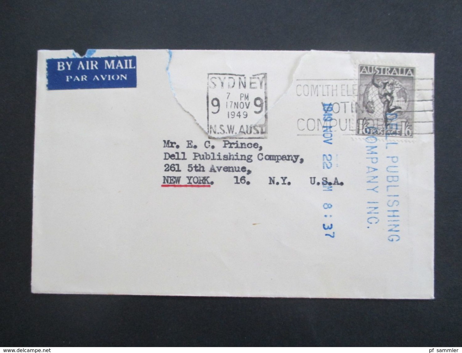 Australien 1949 Air Mail / Luftpost Nach New York Mit Blauem Ank. Stempel Dell Publishing Company Inc. - Lettres & Documents