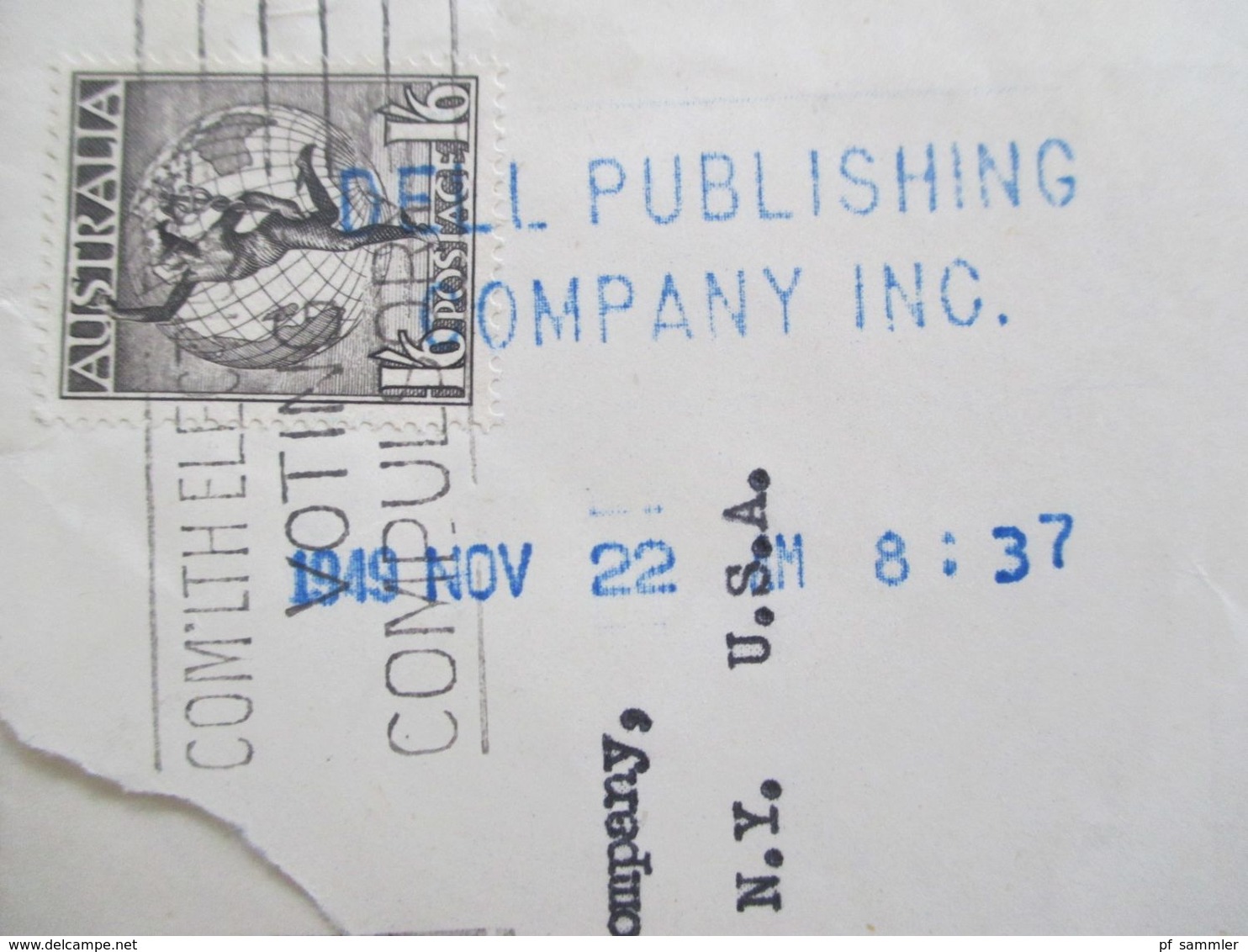 Australien 1949 Air Mail / Luftpost Nach New York Mit Blauem Ank. Stempel Dell Publishing Company Inc. - Lettres & Documents