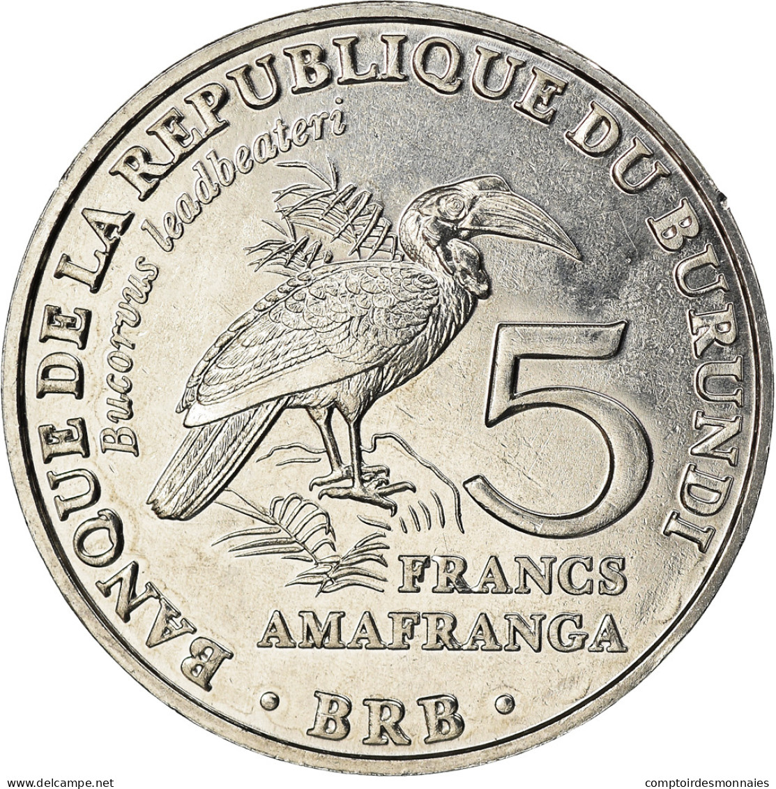 Monnaie, Burundi, 5 Francs, 2014, Oiseaux - Bucorve Du Sud, SPL, Aluminium - Burundi