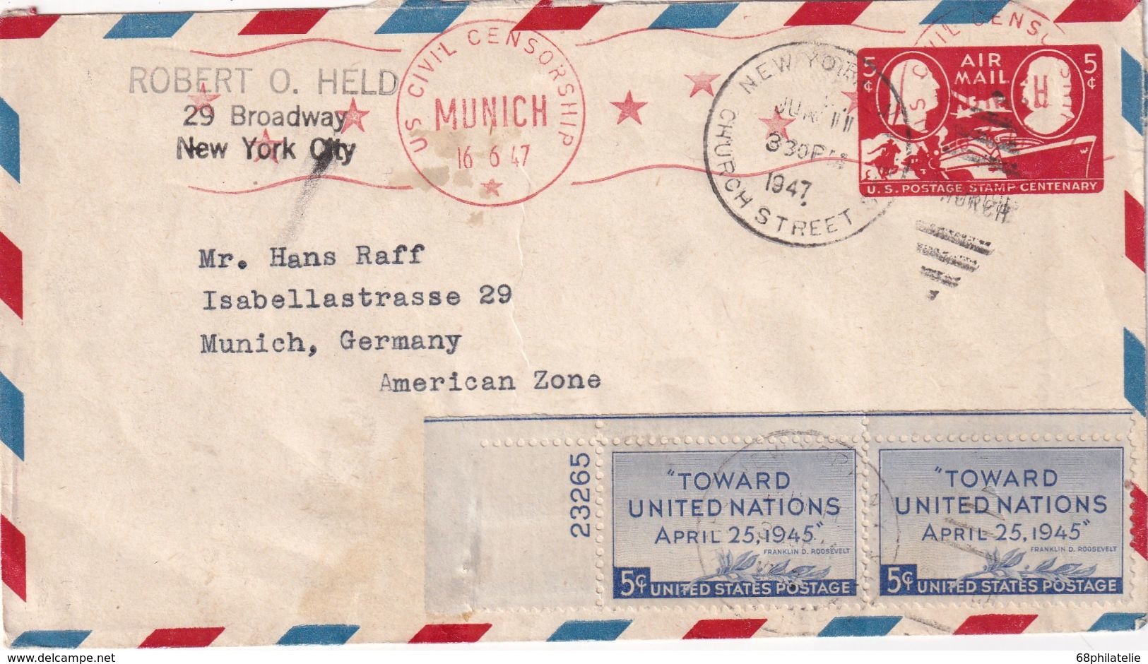 USA 1947    ENTIER POSTAL/GANZSACHE/POSTAL STATIONARY PLI AERIEN CENSURE DE NEW YORK POUR MUNICH - 1941-60