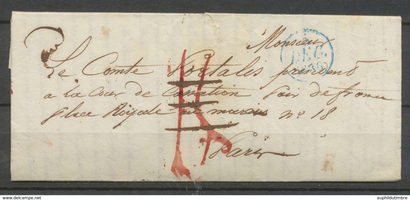 1836 Lettre Franchise Taxé Puis "à Détaxer", Mention Au Dos. P5181 - Civil Frank Covers