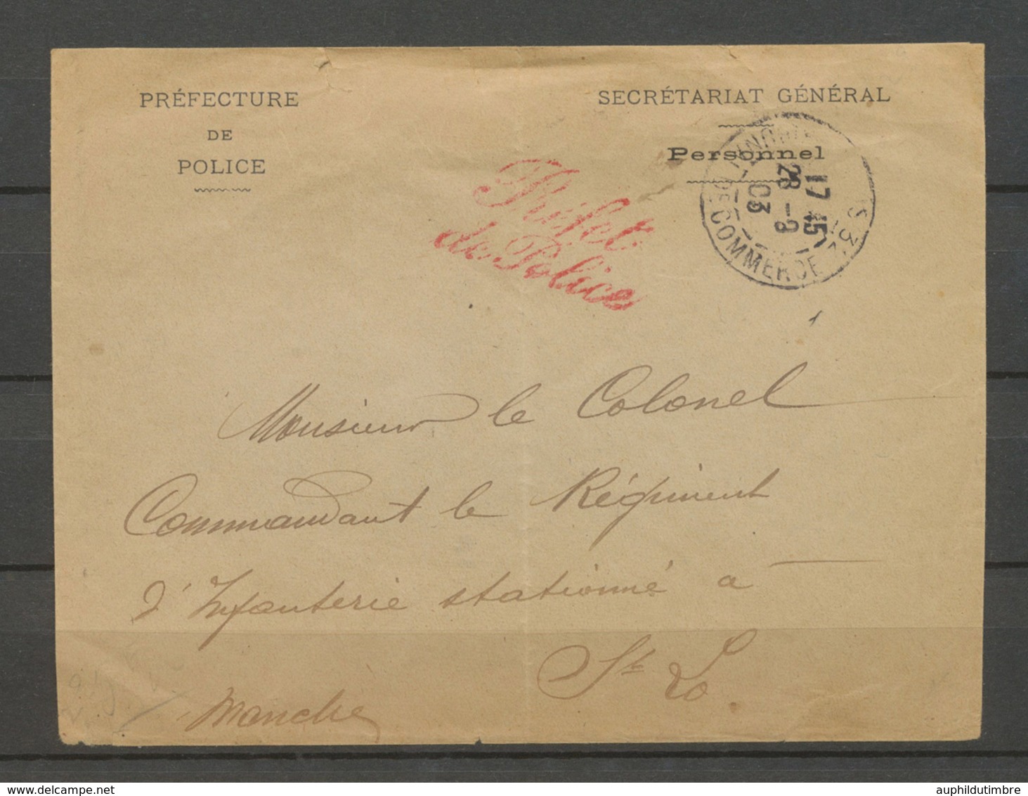 1903 Enveloppe En Franchise Griffe Rouge Préfet De Police. P5198 - Cartas Civiles En Franquicia