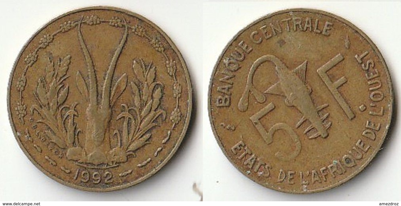 Pièce De 5 Francs CFA XOF 1992 Origine Côte D'Ivoire Afrique De L'Ouest (v) - Ivory Coast