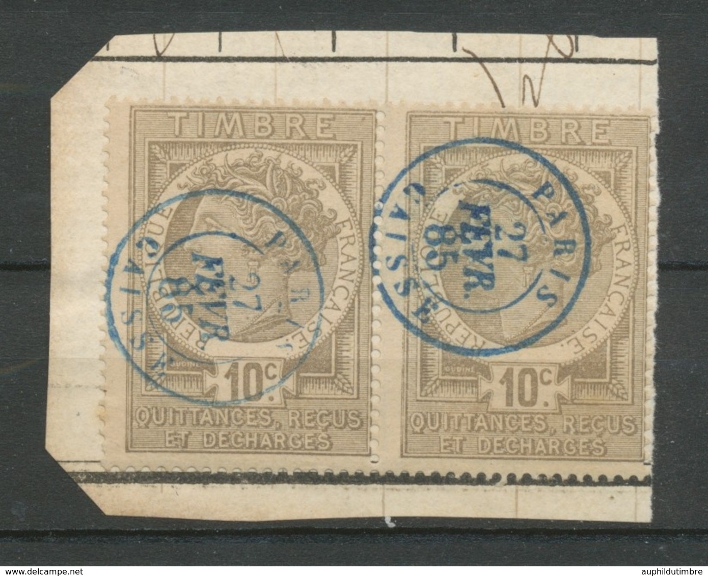 1885 Paire Fiscaux Quittances 10c Gris Obl POSTALE Càd Bleus Paris X3813 - Other & Unclassified