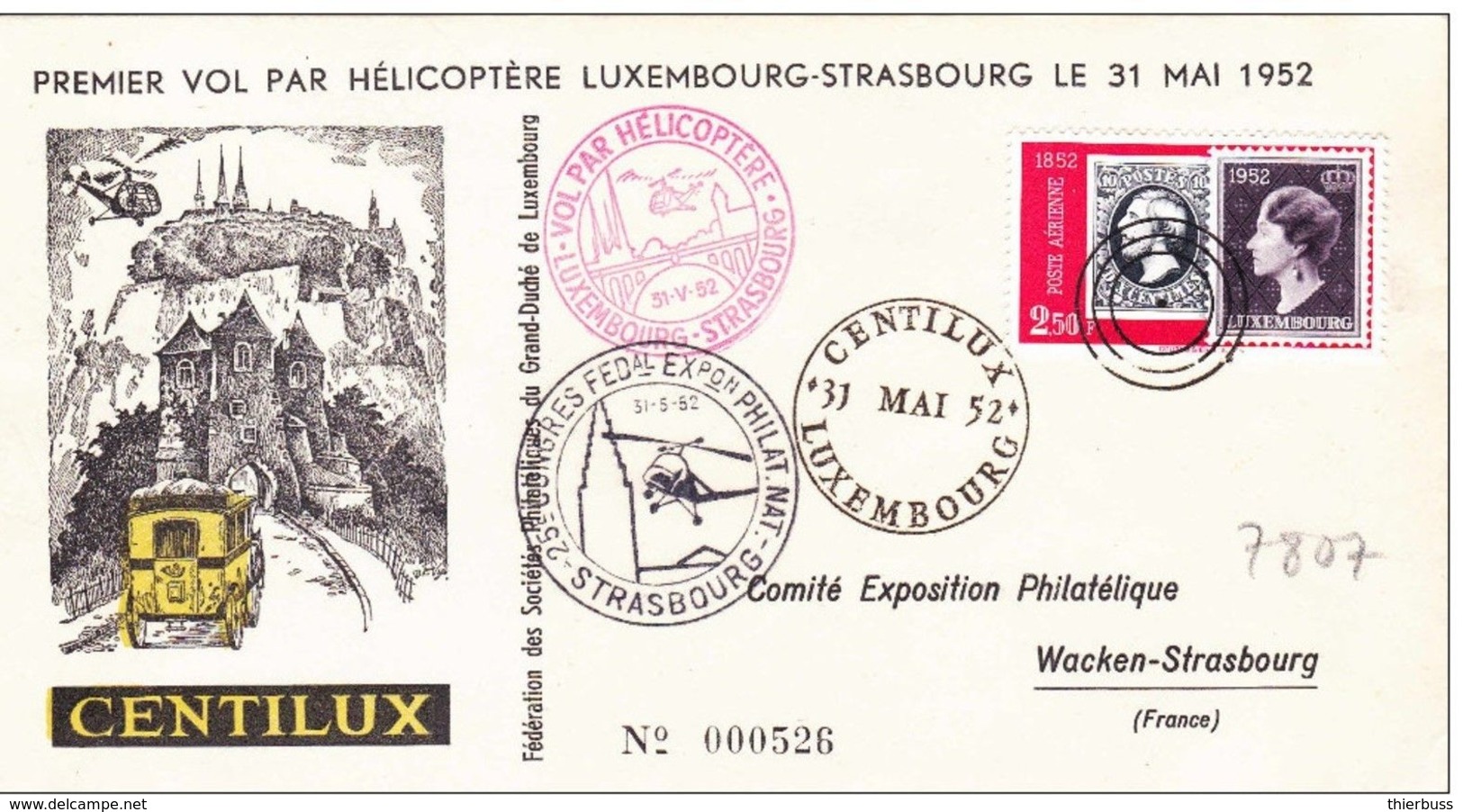 Strasbourg 1952 Premier Transport International Par Helicoptere Luxembourg Strasbourg 31 Mai Centilux - Brieven En Documenten