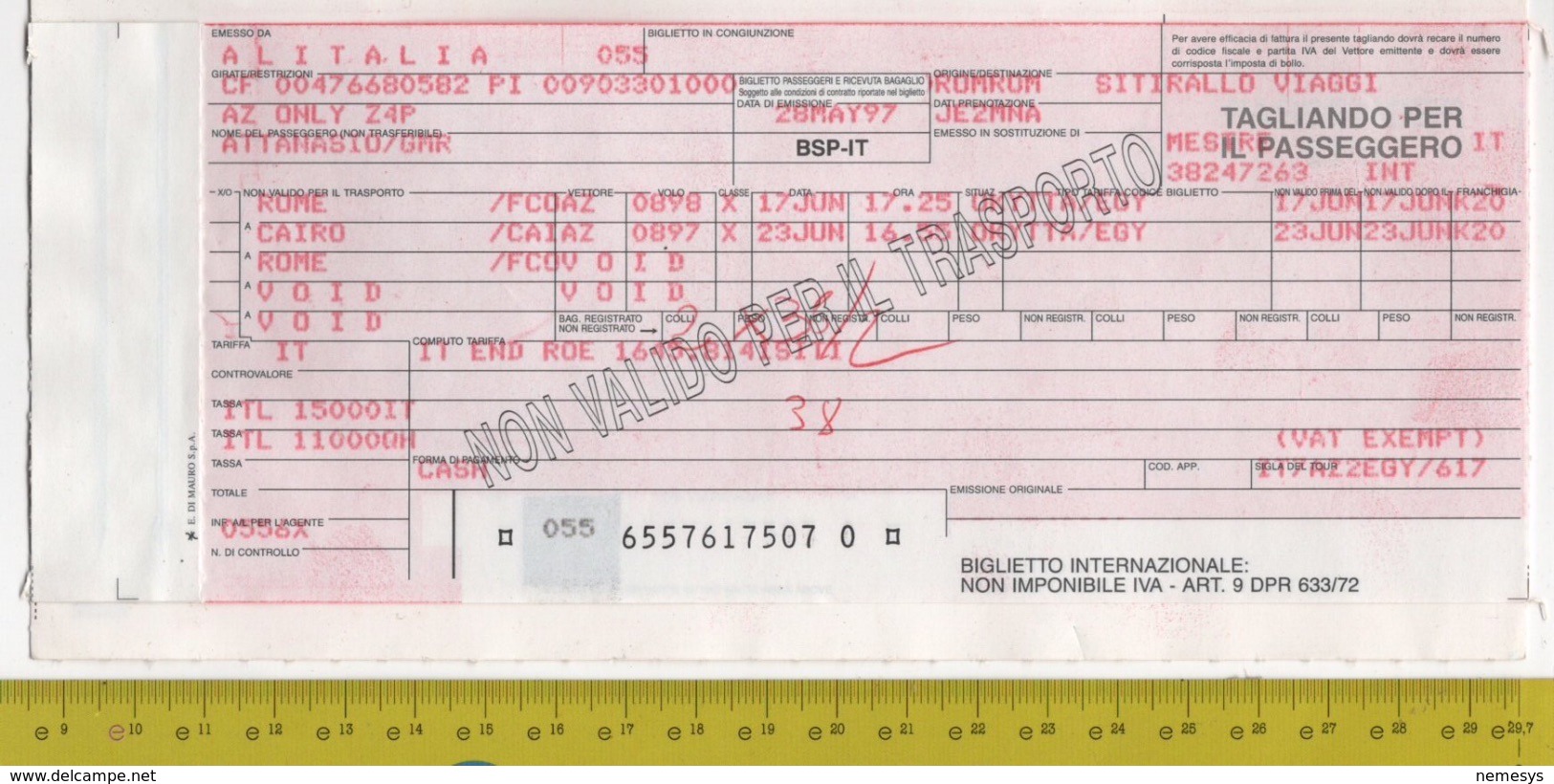 IATA Passenger Ticket - Rome/Cairo Alitalia SEE 4 SCANS - Mondo