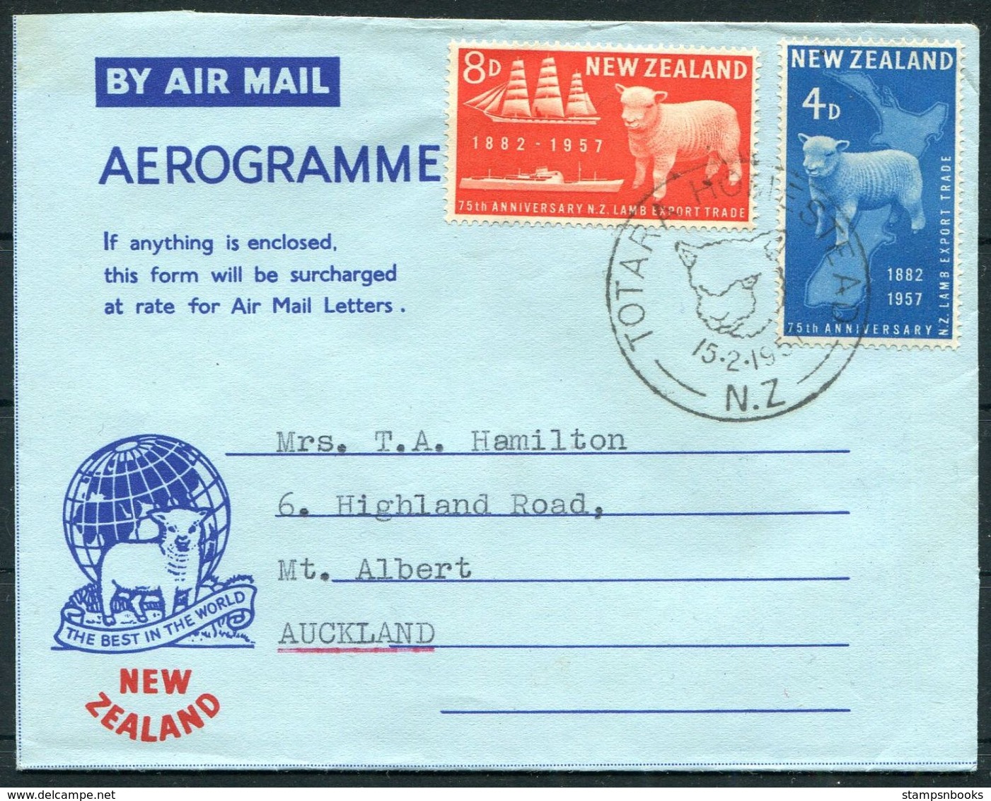 1957 New Zealand "Best In The World" Sheep Lamb Trade Aerogramme. Totara Homestead, First Day Of Issue - Cartas & Documentos