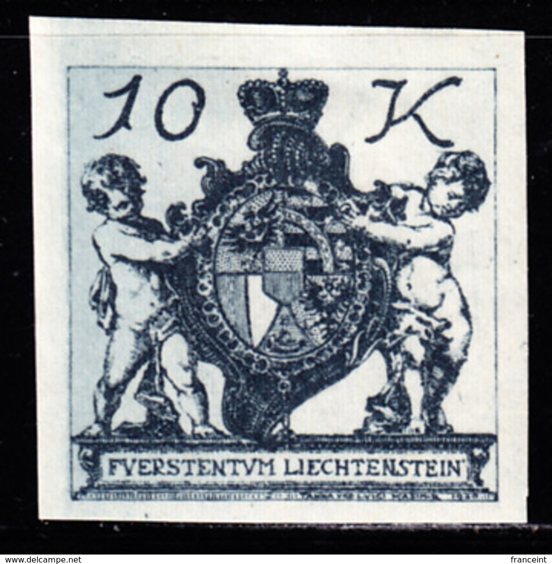 LIECHTENSTEIN (1920) Coat Of Arms. Cherubs. Imperforate Trial Color Proof In Slate. Scott No 46. - Proofs & Reprints