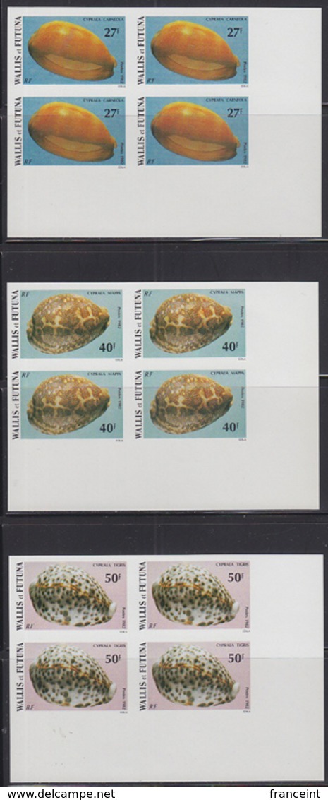 WALLIS & FUTUNA (1981) Seashells. Set Of 6 Imperforate Corner Blocks Of 4. Scott Nos 288-93, Yvert Nos 291-6. - Sin Dentar, Pruebas De Impresión Y Variedades