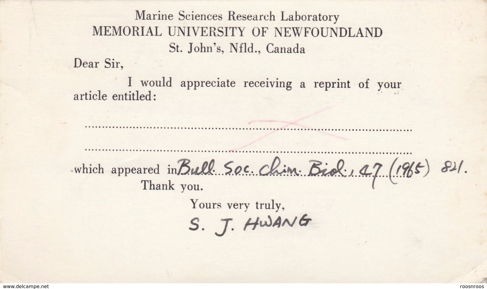 CANADA NEWFOUNDLAND TERRE-NEUVE 1970 - OBLITERATION MECANIQUE SUR CARTE MARINE SCIENCES LABORATORY - ST JOHN'S - Other & Unclassified