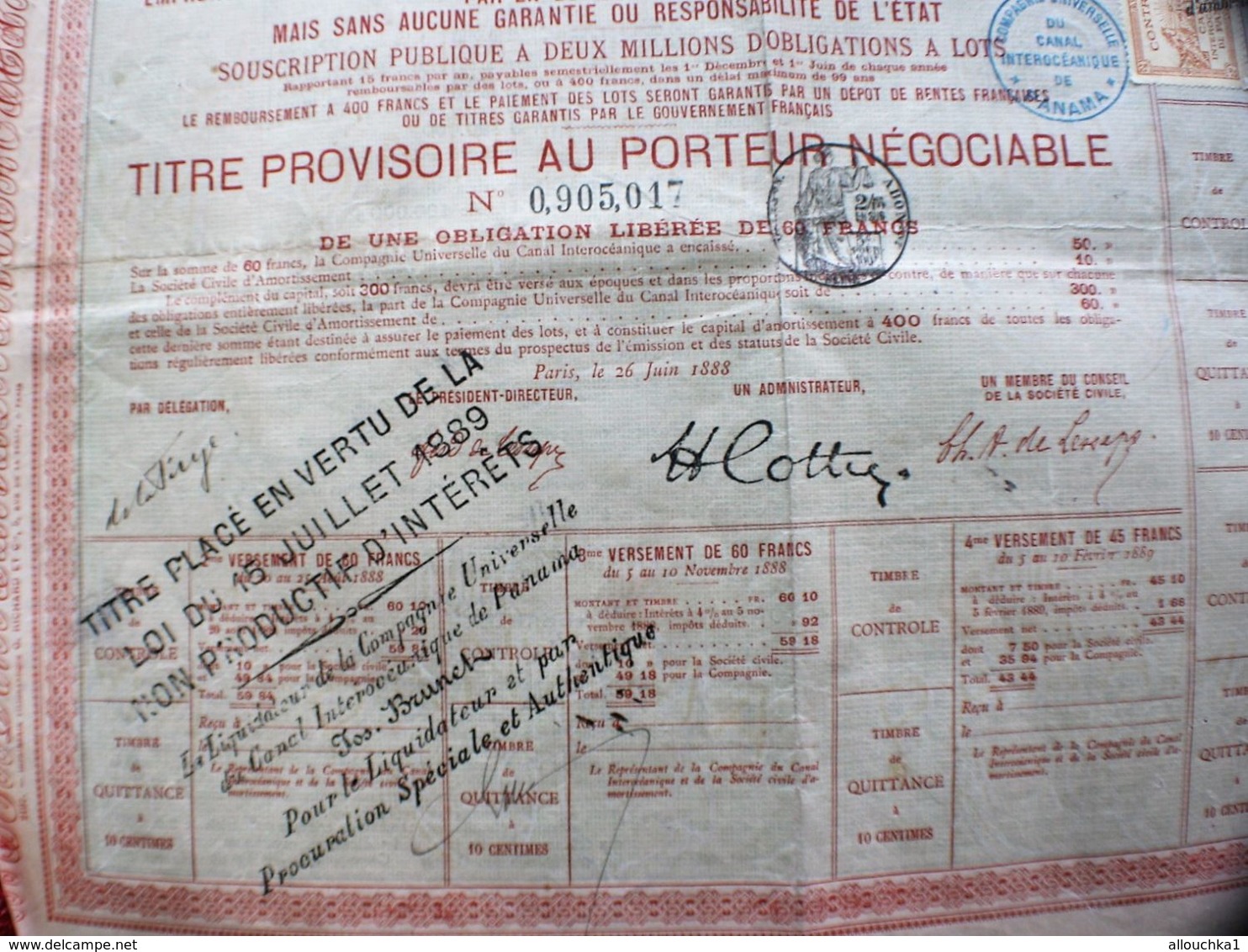 1888 Action & Titre Thème Navigation COMPAGNIE UNIVERSELLE DU CANAL INTEROCÉANIQUE DE PANAMA+FISCAUX+VIGNETTE CONTRÔLE - Navigation