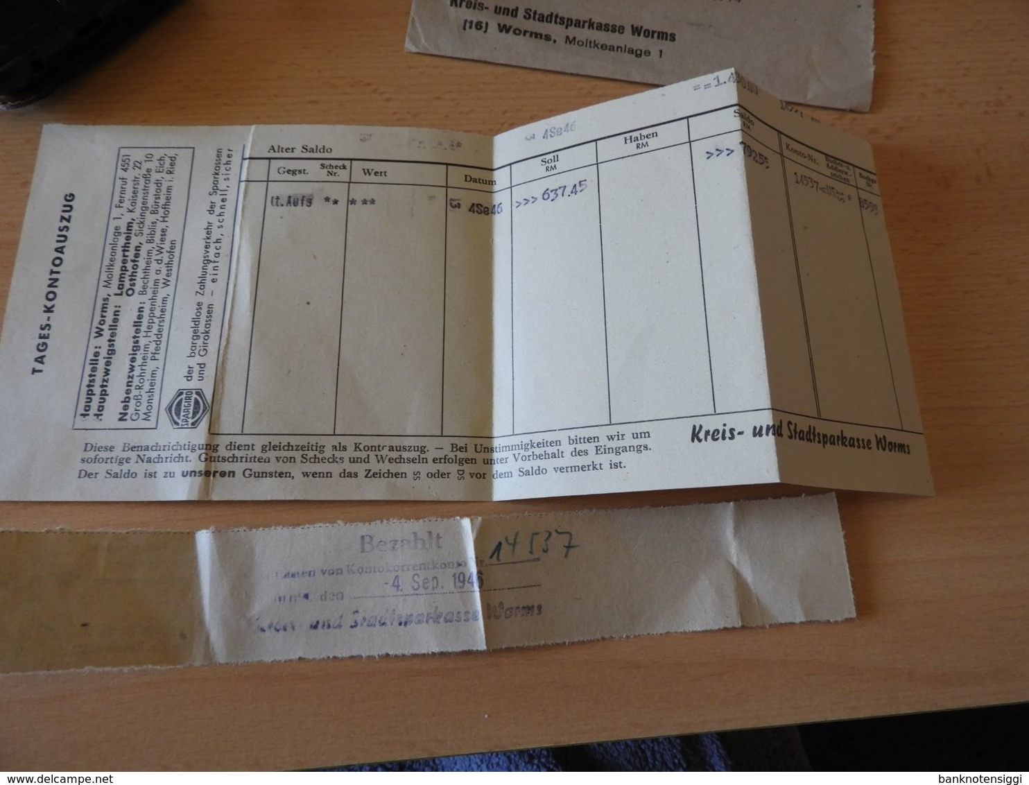 alter Brief  Drucksache Kreis und Sparkasse Worms 1946