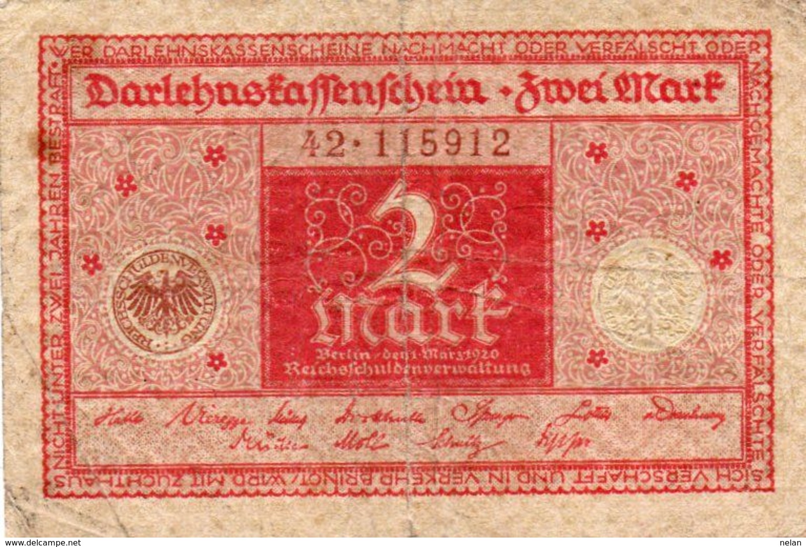 GERMANY-  2 MARK 1920  P-59  Circ - 2 Rentenmark