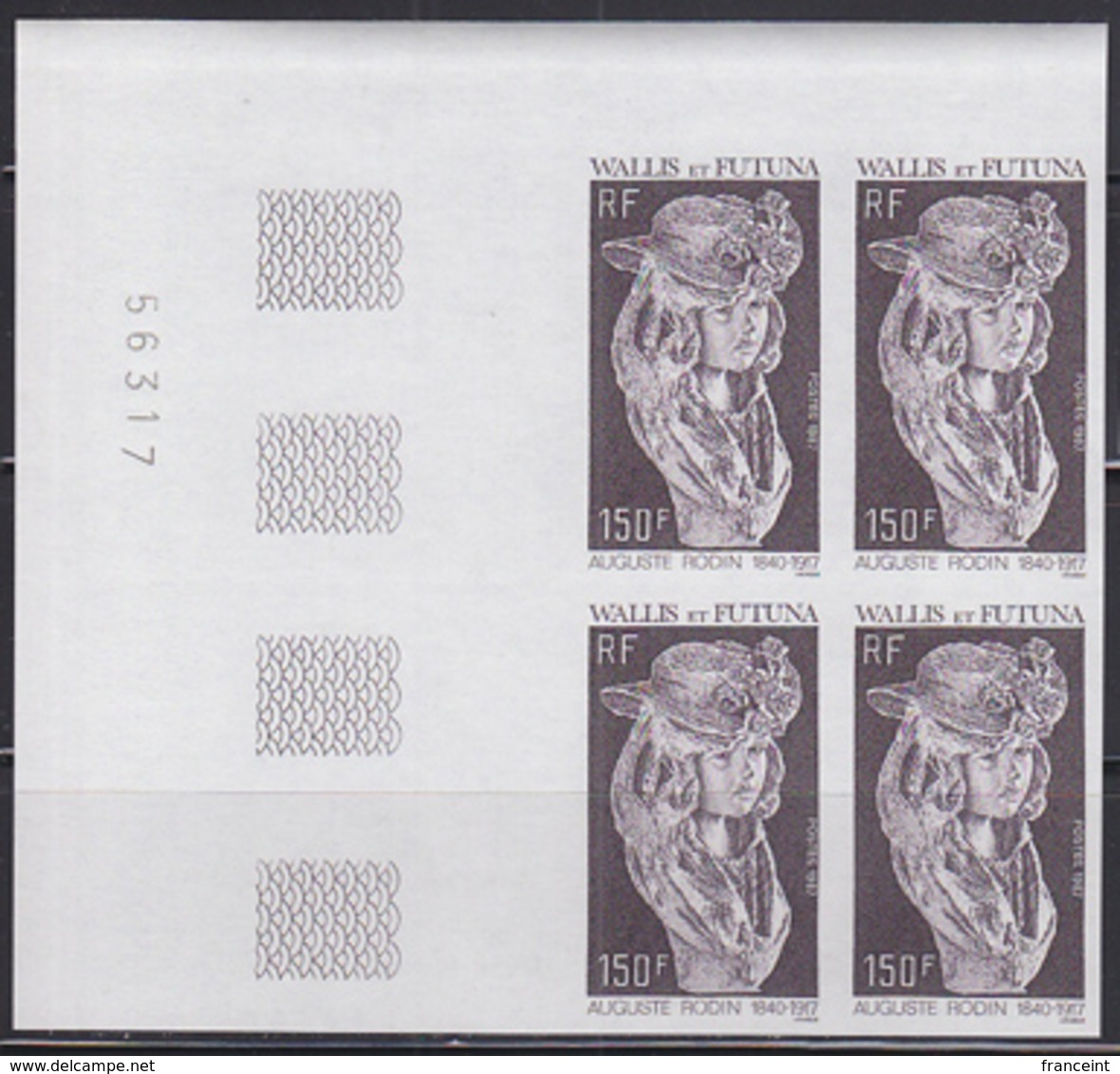 WALLIS & FUTUNA (1987) Bust Of Woman By Rodin. Imperforate Corner Block Of 4. Scott No 361, Yvert No 367. - Imperforates, Proofs & Errors