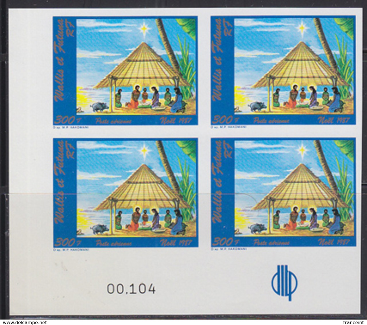 WALLIS & FUTUNA (1987) Christmas Scene. Imperforate Corner Block Of 4. Scott No C156, Yvert No PA159. - Imperforates, Proofs & Errors