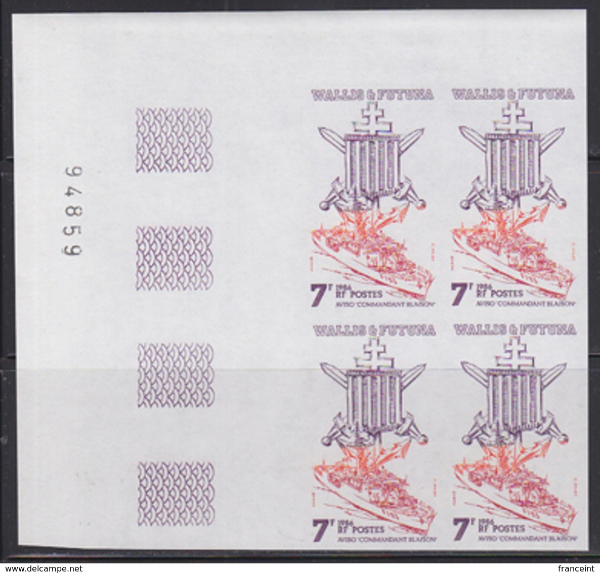 WALLIS & FUTUNA (1986) Ships. Set Of 3 Imperforate Corner Blocks Of 4. Scott Nos 343-2, Yvert Nos 348-50. - Imperforates, Proofs & Errors