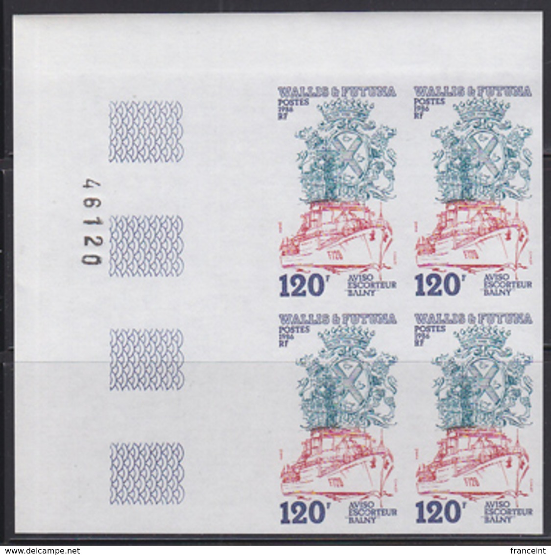 WALLIS & FUTUNA (1986) Ships. Set Of 3 Imperforate Corner Blocks Of 4. Scott Nos 343-2, Yvert Nos 348-50. - Imperforates, Proofs & Errors