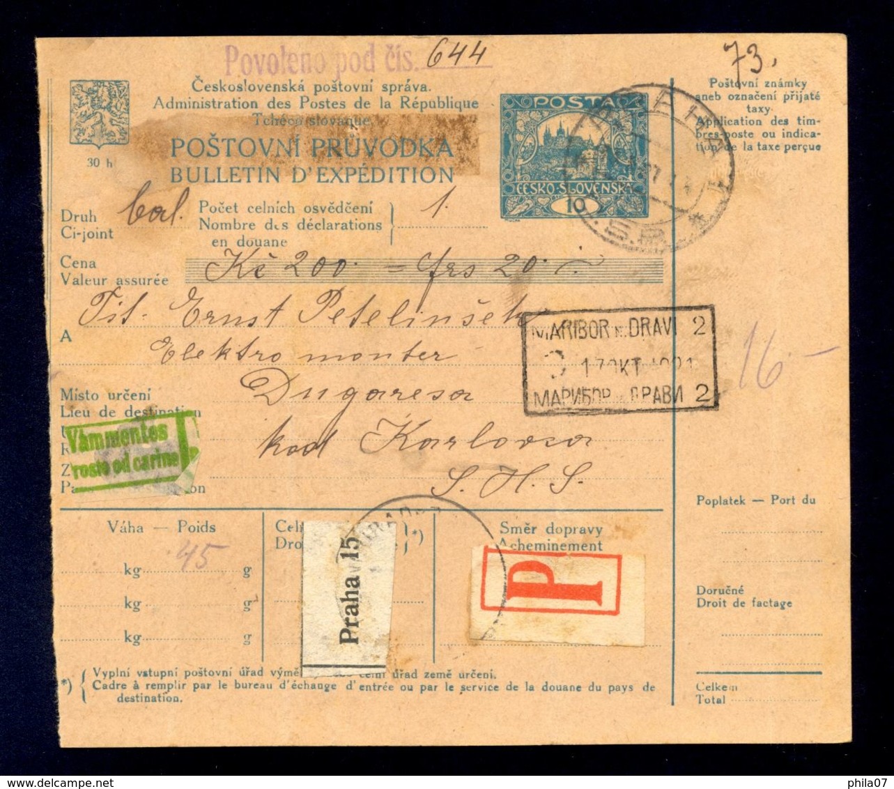 CZECHOSLOVAKIA/CROATIA - Parcel Card Sent From Praha Via Maribor To Dugaresa 1921. There Is Customs-free Sticker On The - Otros & Sin Clasificación