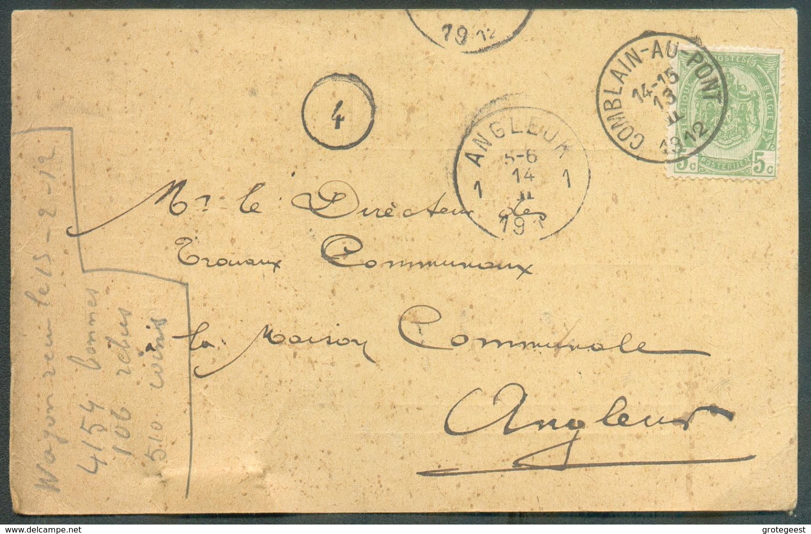 Document De Chemin De Fer à Petite Vitesse Exp. De COMBLAIN-AU-PONT Le 13 Février 1912 Vers La Gare NORD-BEGE KINKEMPOIS - Nord Belge