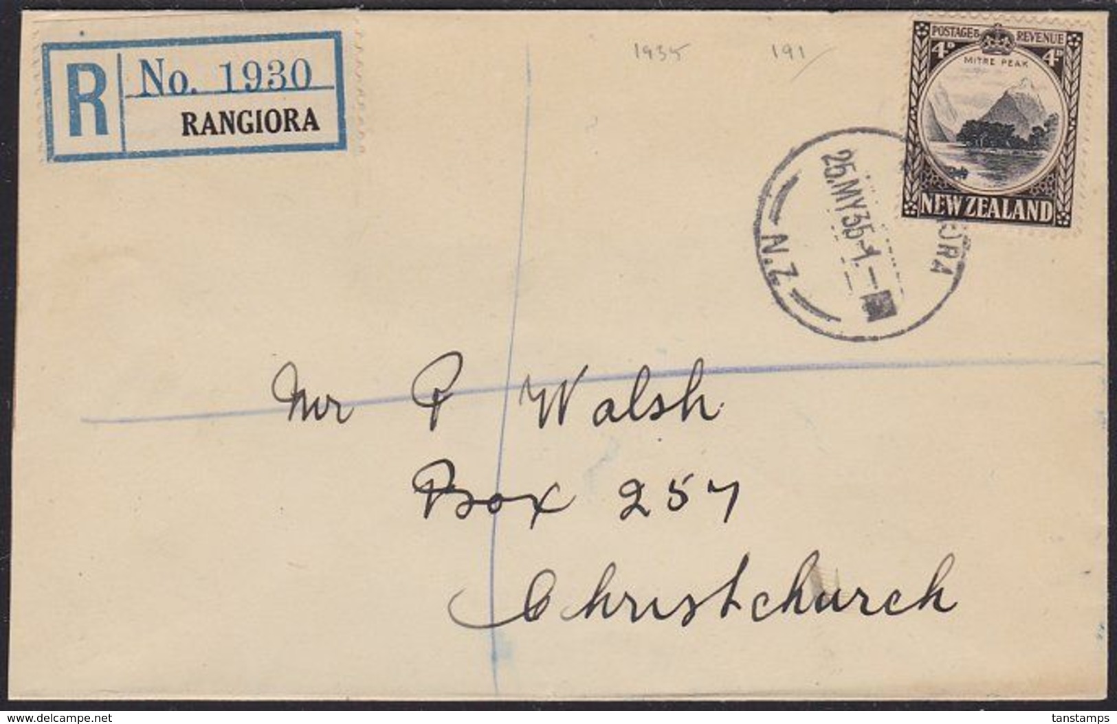 NEW ZEALAND REGISTERED 1935 4d MITRE PEAK - Lettres & Documents