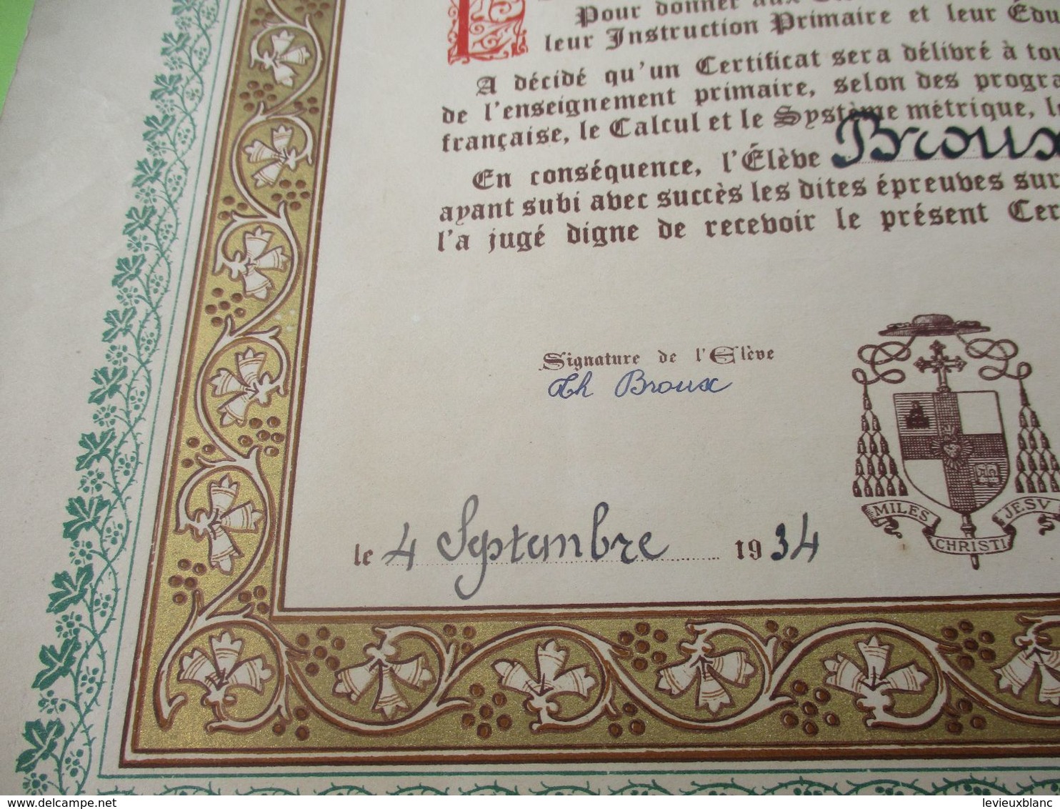 Diplôme Religieux/Enseignement Catholique/Vive Le Christ Qui Aime Les Francs/Certificat élémentaire/LILLE/1934    DIP250 - Diploma's En Schoolrapporten