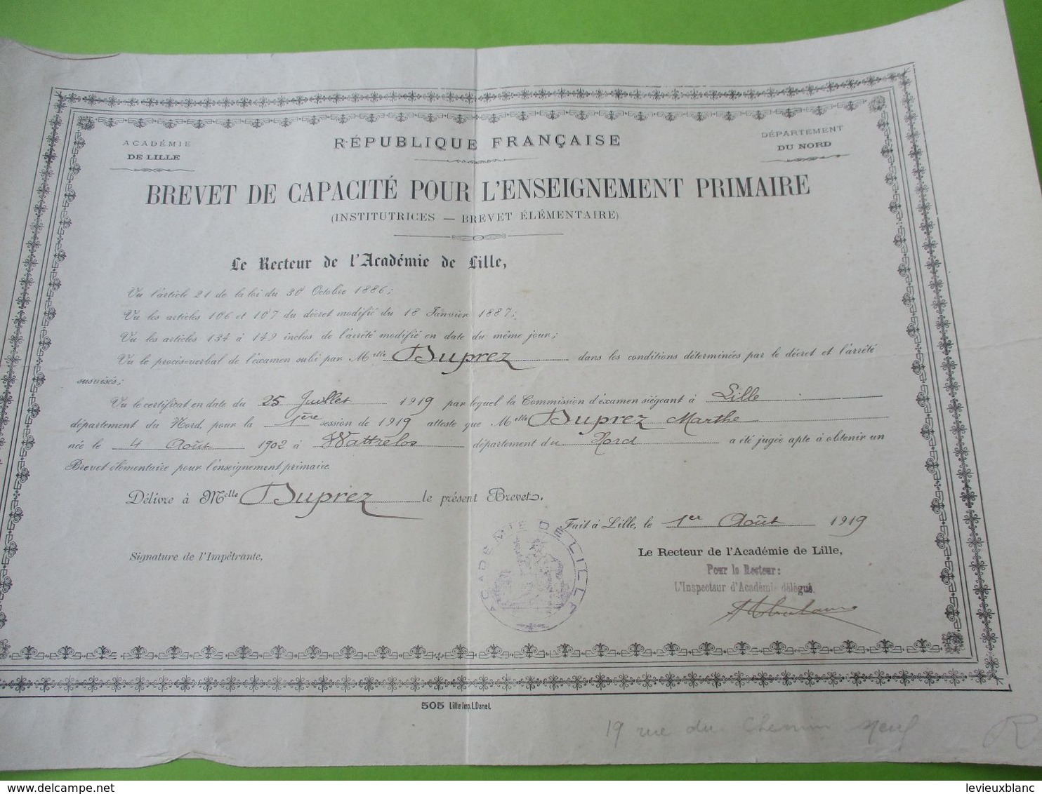 Diplôme D'Enseignement/ Brevet De Capacité Pour L'Enseignement Primaire/Académie De LILLE/Duprez Marthe/1919    DIP253 - Diploma's En Schoolrapporten