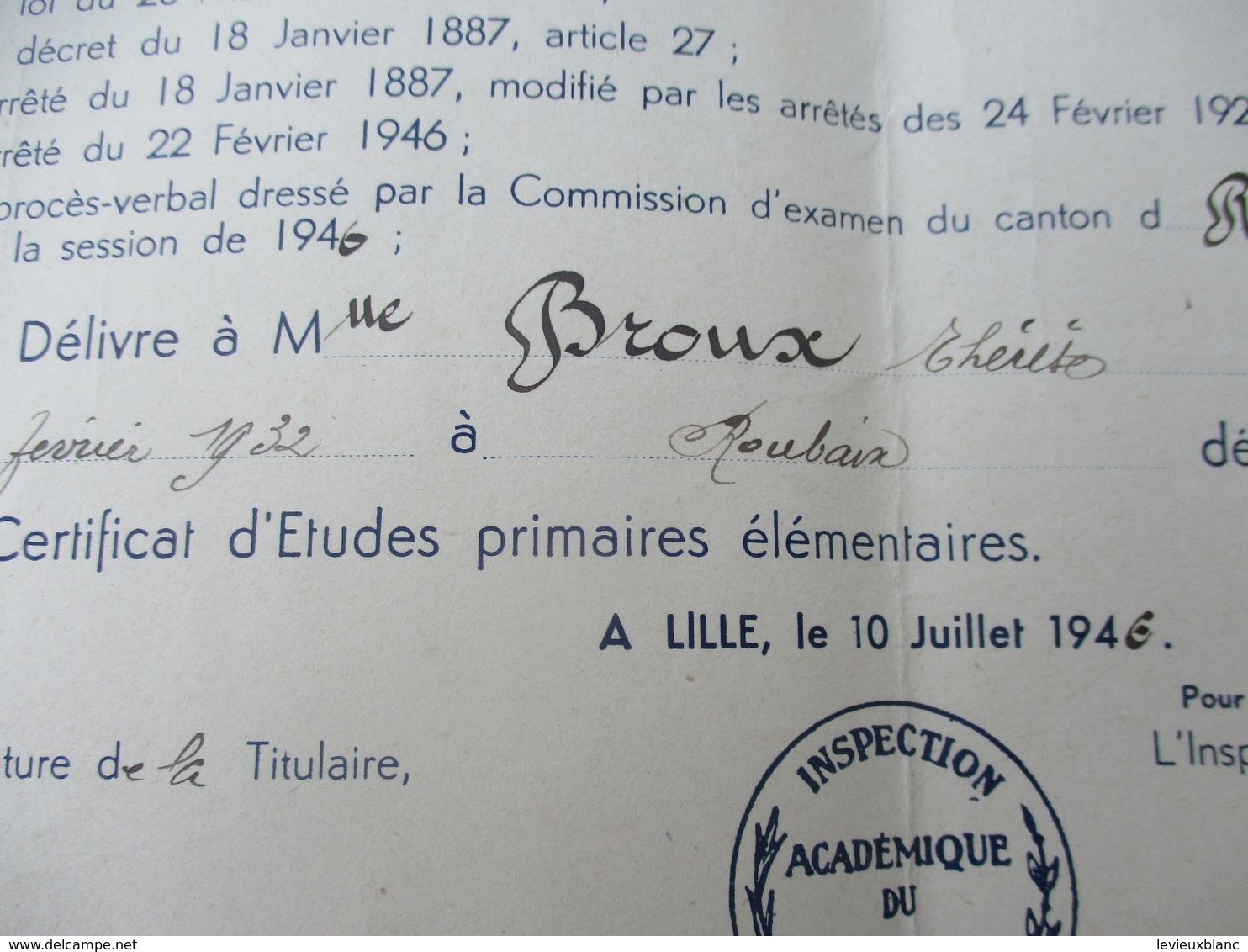 Diplôme Scolaire/Certificat Etudes Primaires/Académie De LILLE/Roubaix-Tourcoing/Dépt Du Nord/Broux Thérése/1946  DIP249 - Diploma's En Schoolrapporten