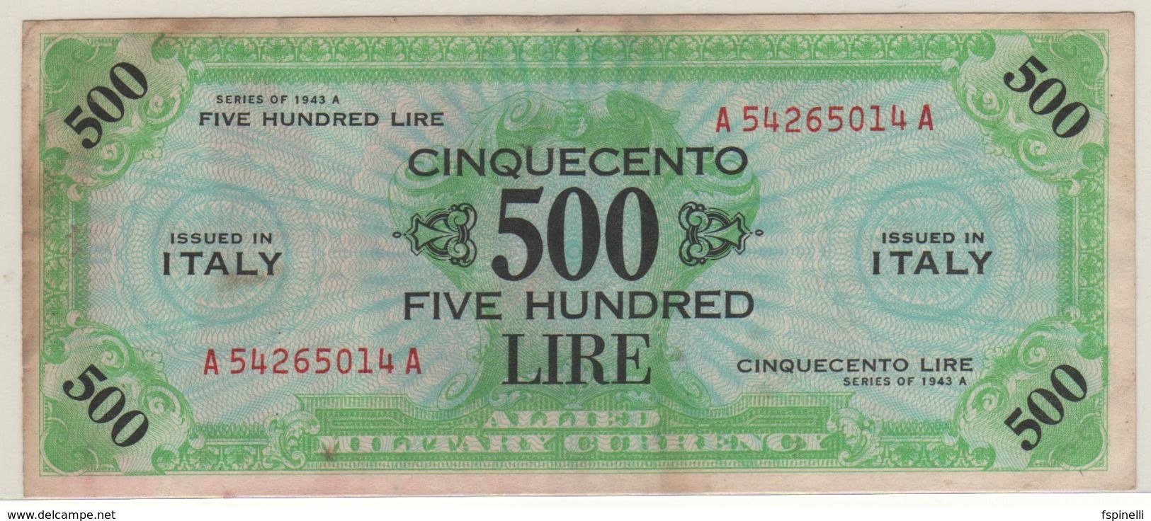 ITALY    AM Lire   500 Lire   FLP   1943A  ( WWII )  2nda Serie - Allied Occupation WWII