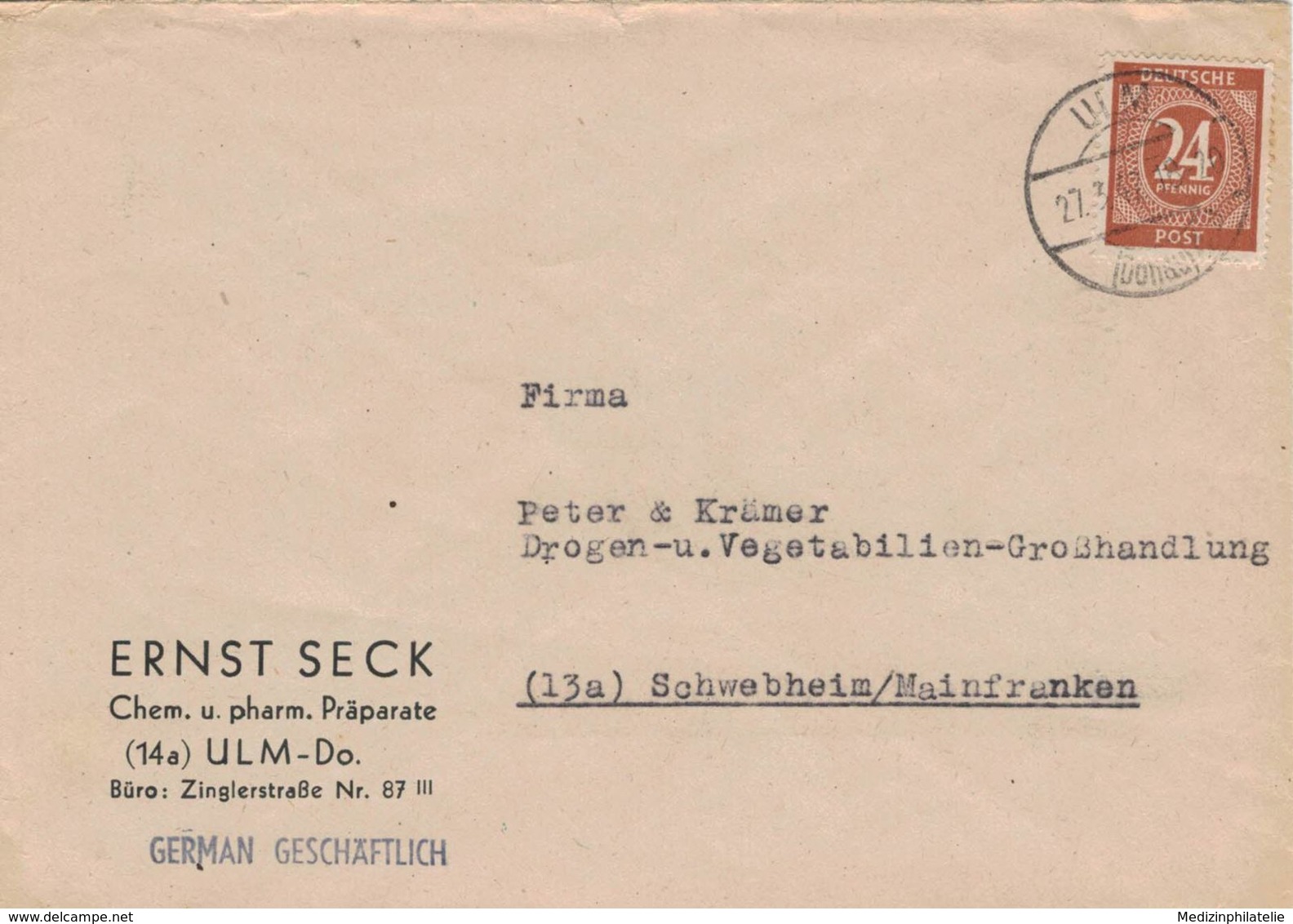 Ernst Seck Chem.-pharm. Produkte Ulm Donau 1947- Pfg. All. Bes.- German Geschäftlich - Pharmacy