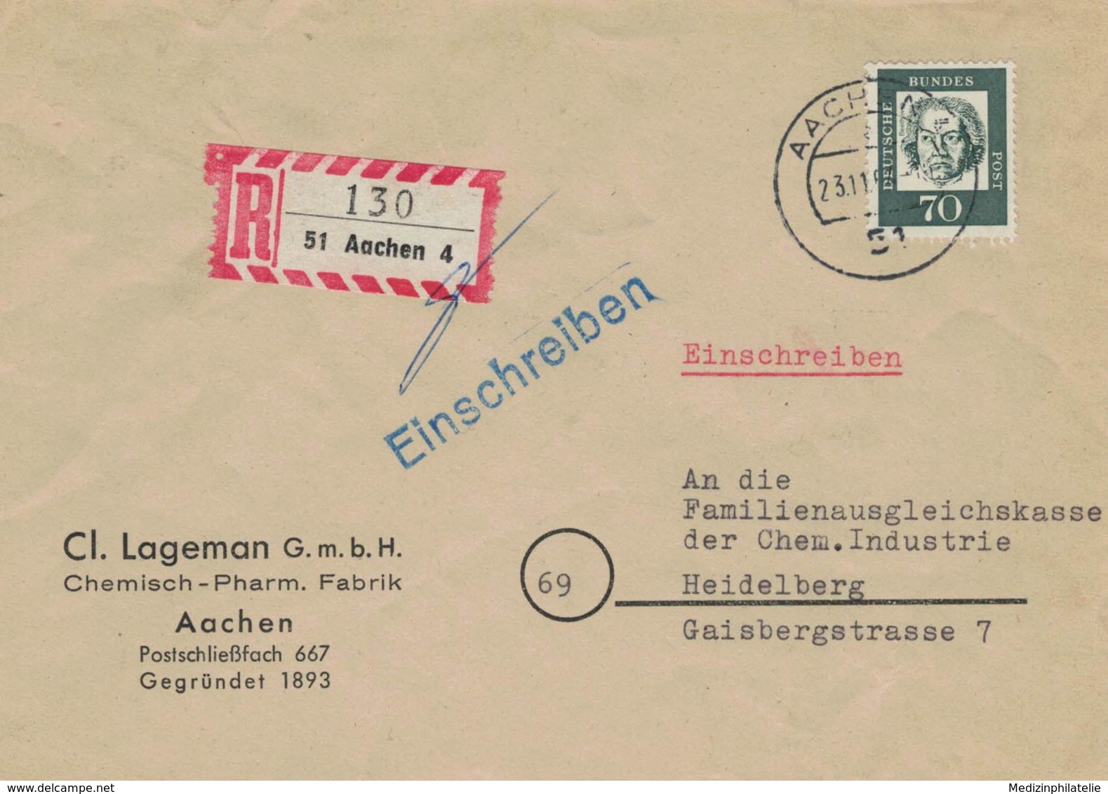 Cl. Lagemann Gmbh Chem.-pharm. Fabrik 51 Aachen 4  -  1967 R-Brief  -  Beethoven - Pharmacy